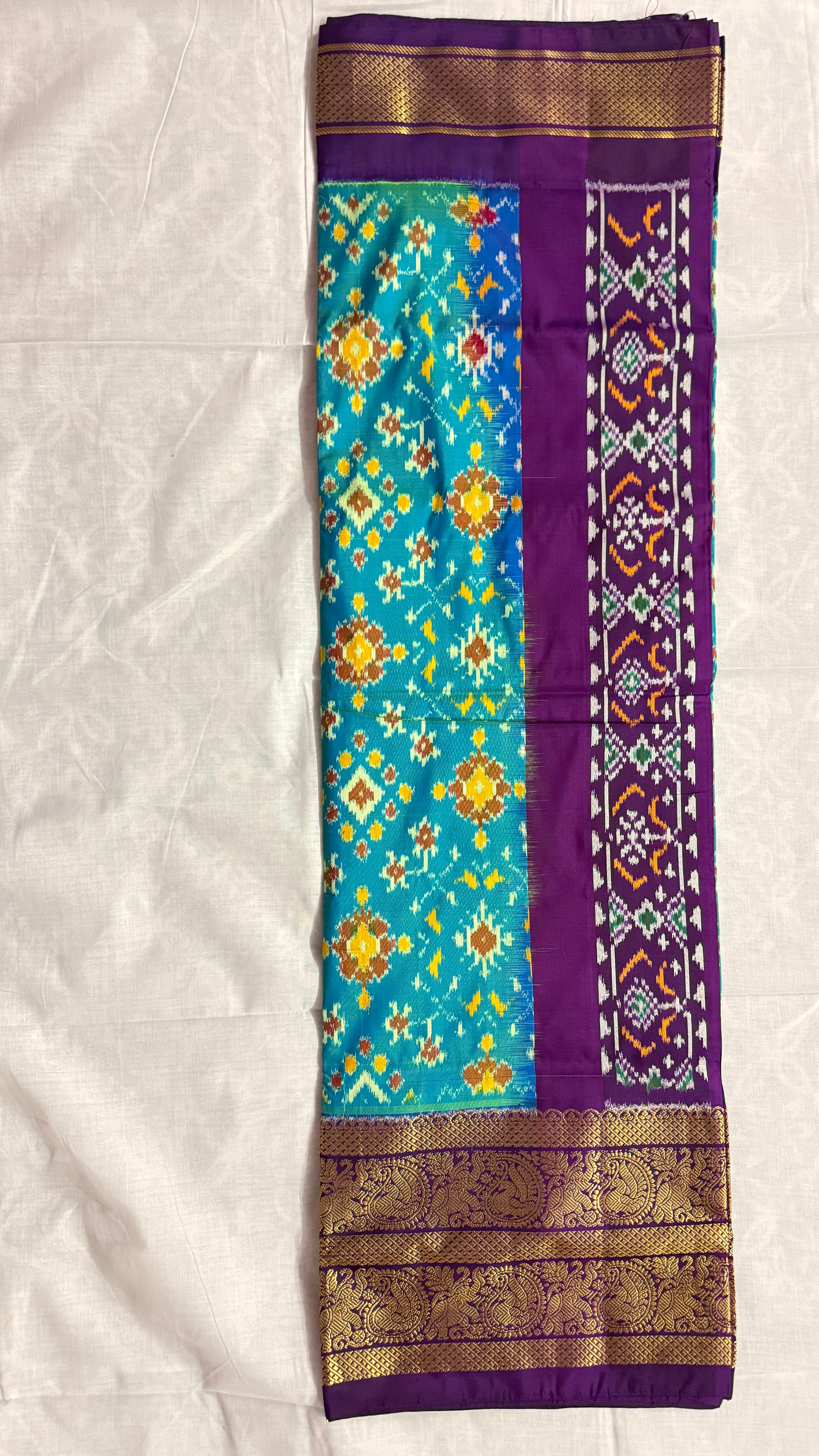 Pochampally Ikat Pure Silk Saree – Teal Blue Body with Purple Rich Zari Border | Handloom | Silk Mark Certified THS -12