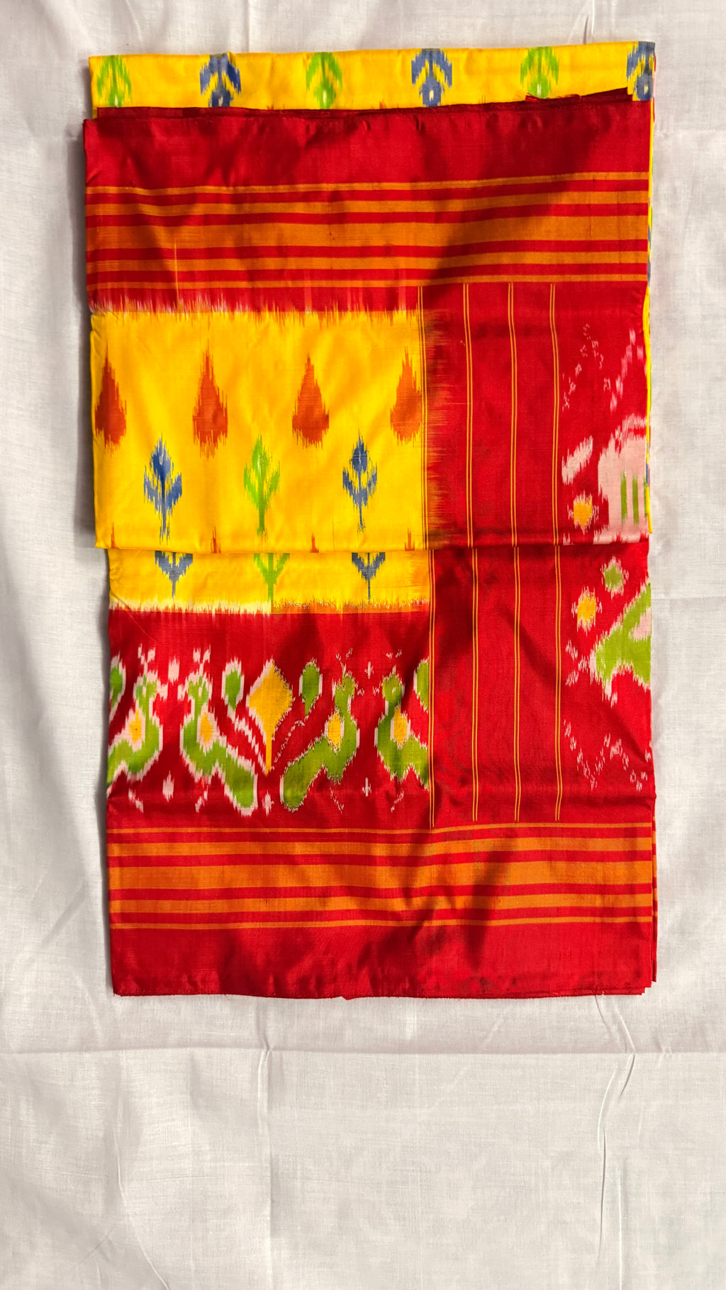 Bright Yellow Pochampally Ikat Silk Saree with Red Elephant Pallu ths-19