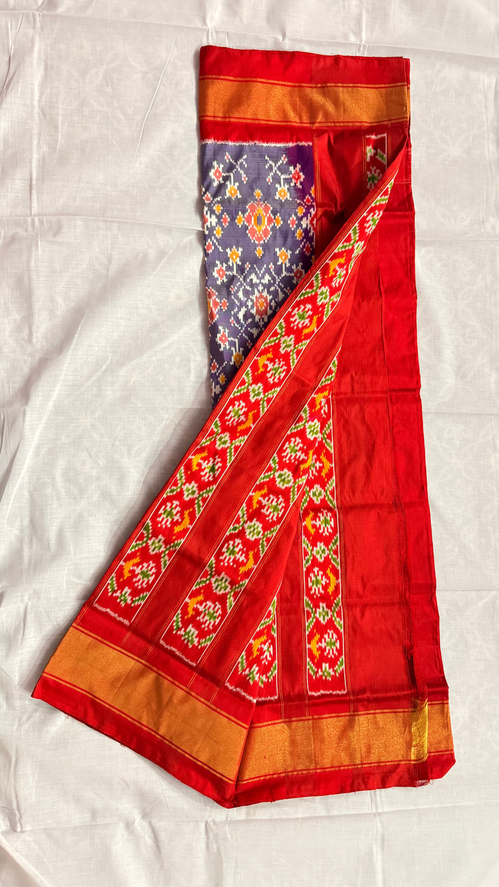 Handloom Pochampally Ikat Silk Saree – Red & Navy Blue Body with Orange Border | Pure Silk | Silk Mark Certified THS-11