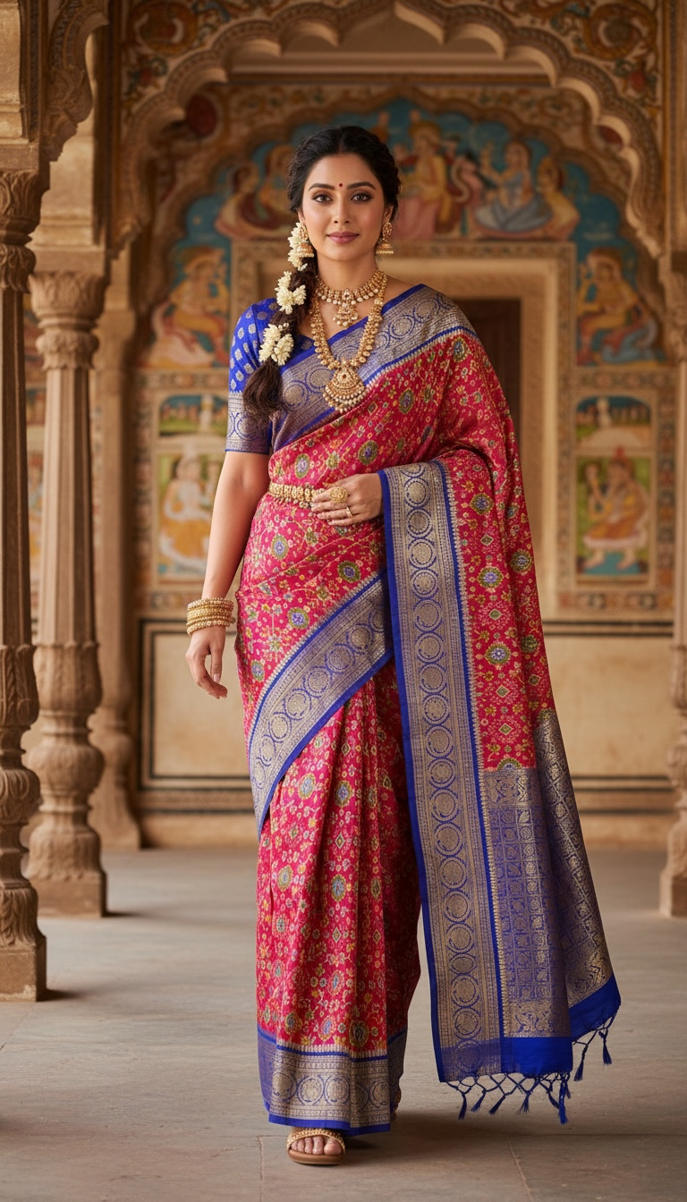 Pochampally Ikat Pure Silk Saree – with Kanchi Royal Blue Border with Red Body & Gold Peacock Zari THS -8