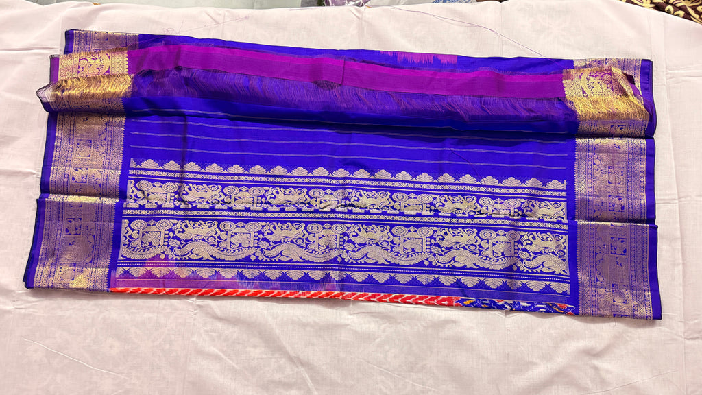 Pochampally Ikat Silk Saree – Red Zig-Zag Body with Royal Blue Kanchi Border & Gold Zari Weave THS-9