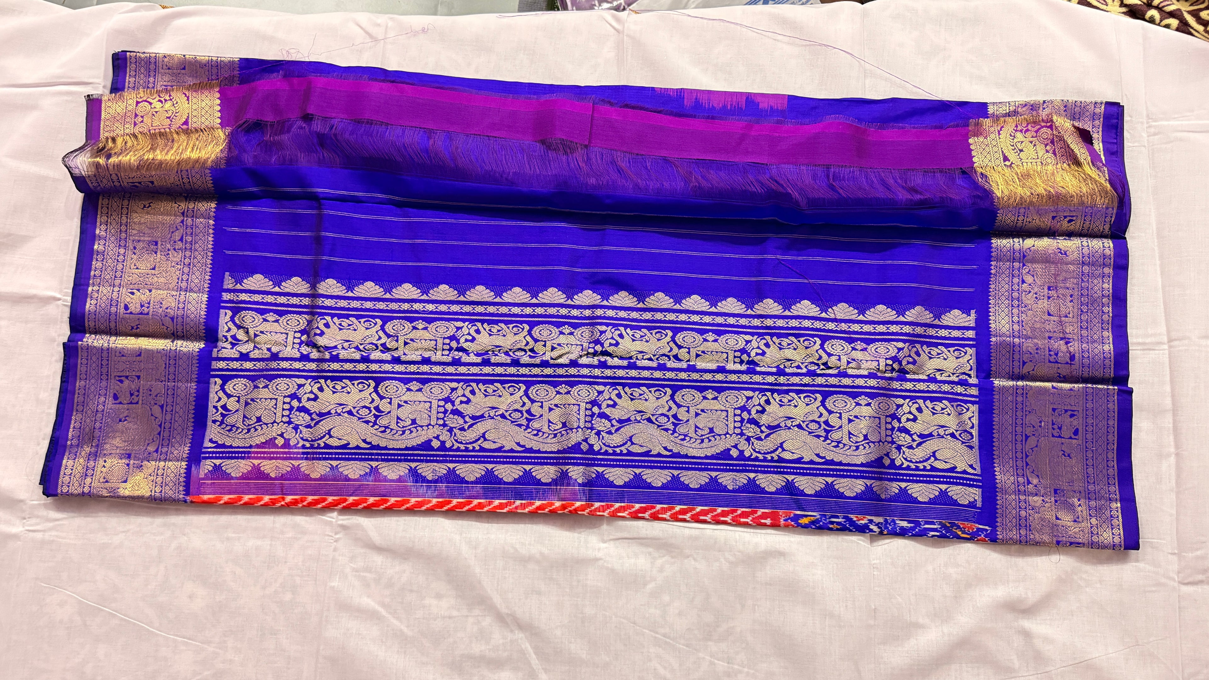 Pochampally Ikat Silk Saree – Red Zig-Zag Body with Royal Blue Kanchi Border & Gold Zari Weave THS-9
