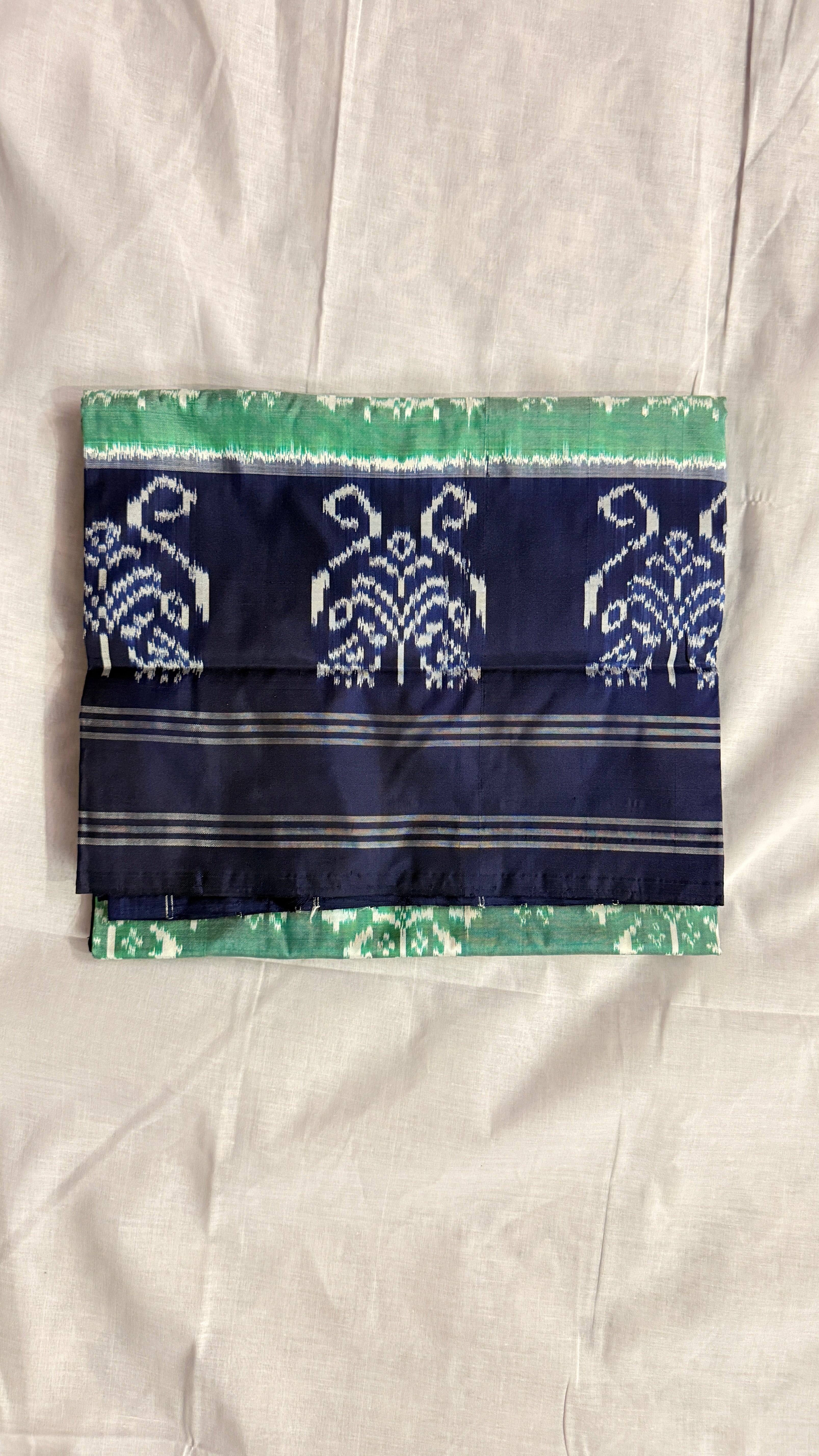 Navy Blue & Sea Green Pochampally Ikat Pure Silk Saree – Handloom Certified | Soft, Lightweight Pure Mulberry Silk ths -17