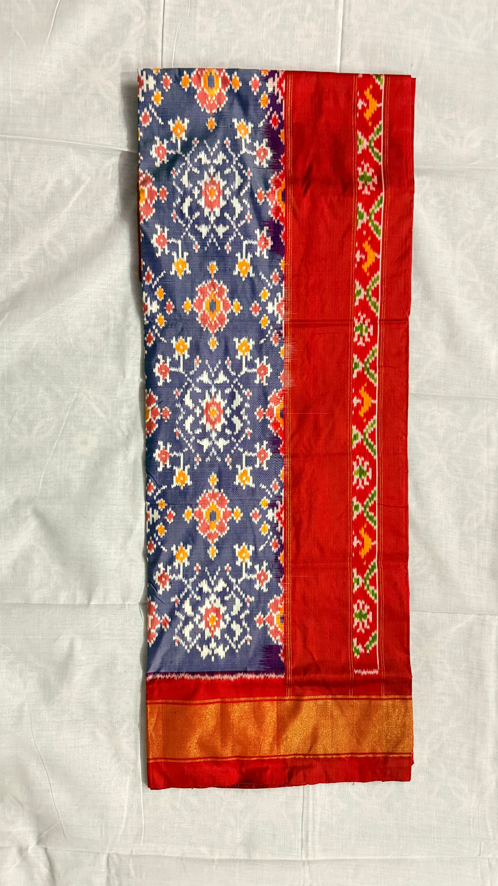 Handloom Pochampally Ikat Silk Saree – Red & Navy Blue Body with Orange Border | Pure Silk | Silk Mark Certified THS-11
