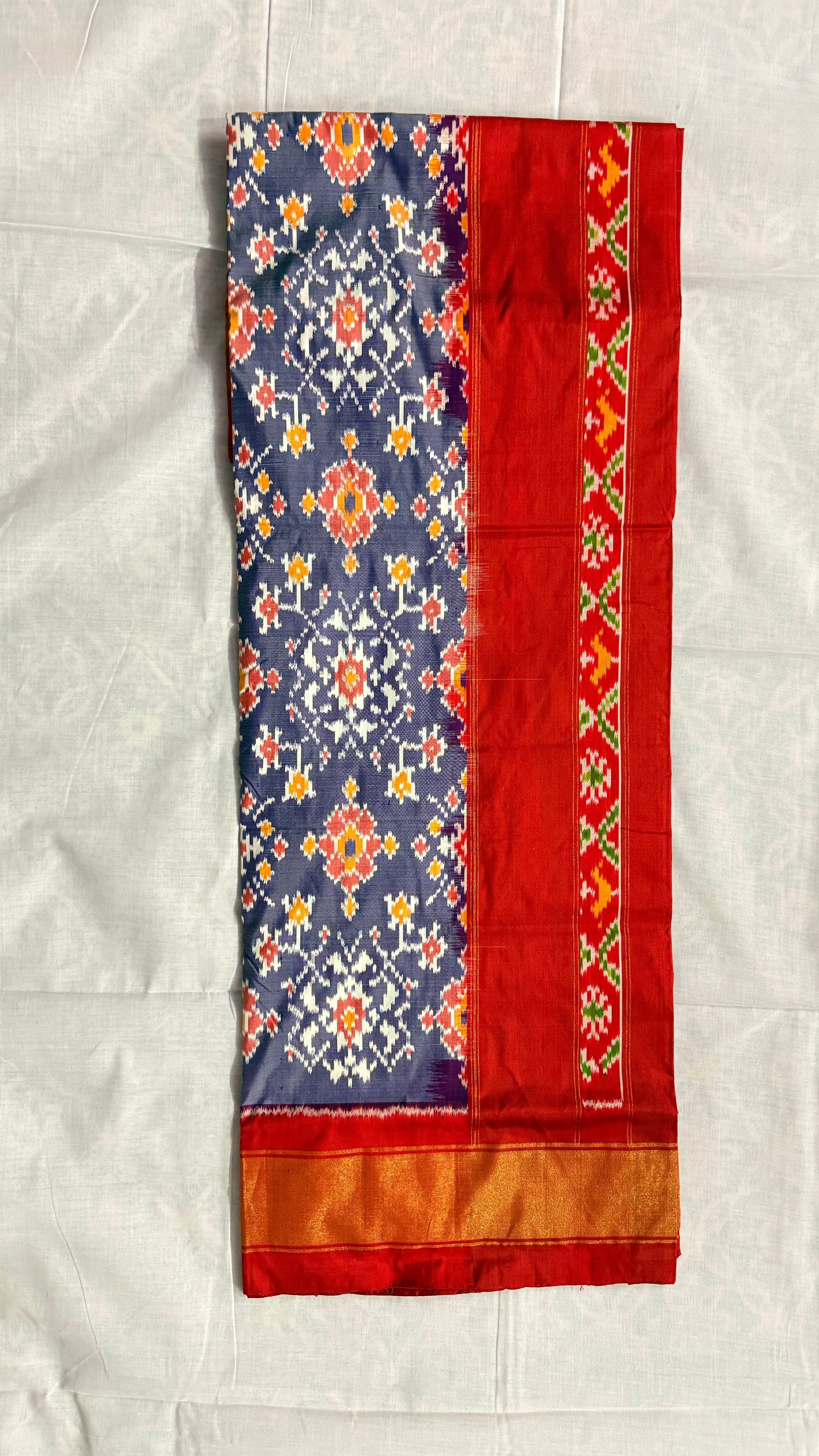 Handloom Pochampally Ikat Silk Saree – Red & Navy Blue Body with Orange Border | Pure Silk | Silk Mark Certified THS-11