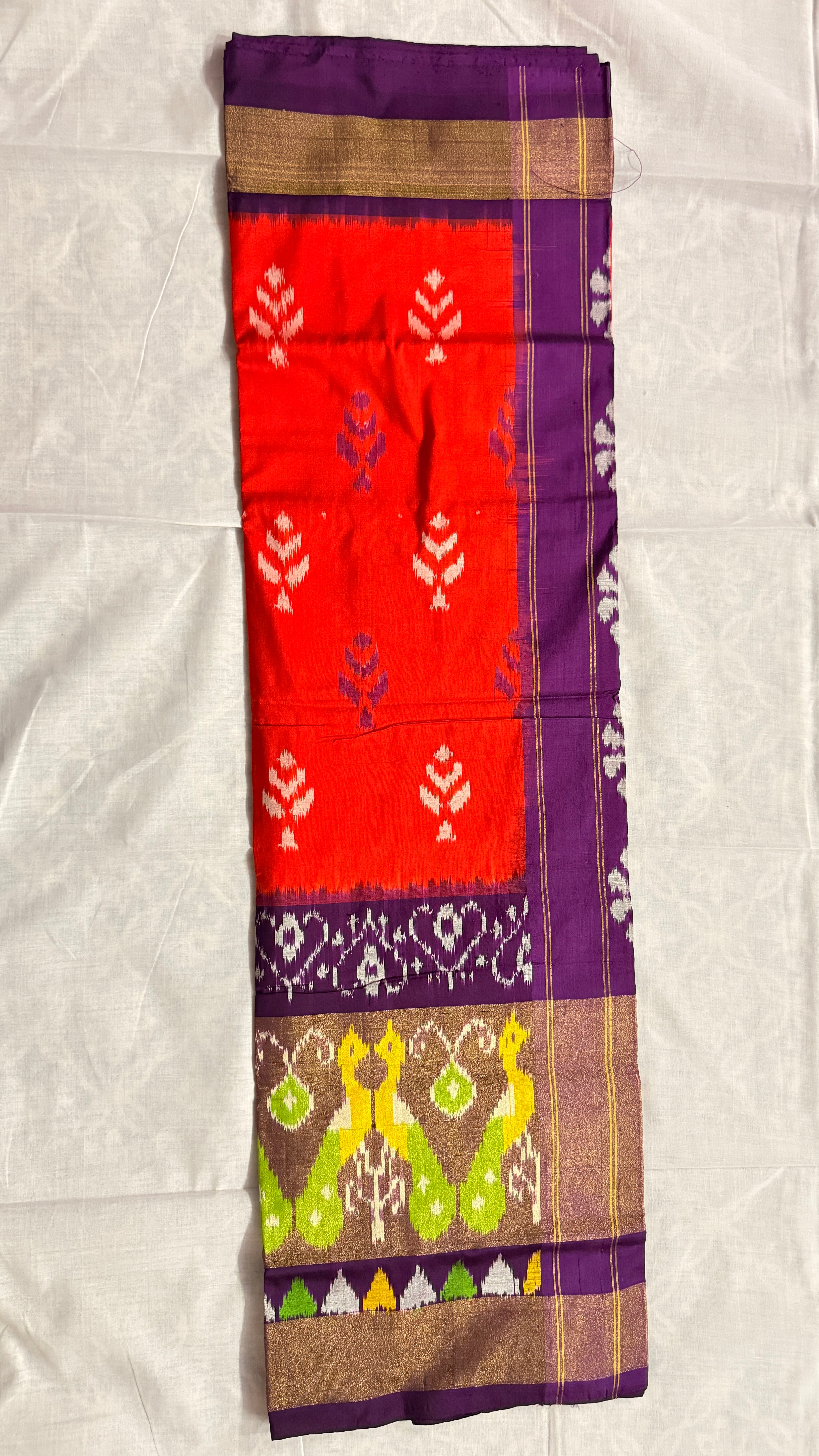 Pochampally Ikat Pure Silk Saree – Red & Purple with Peacock and Floral Motifs ths-22