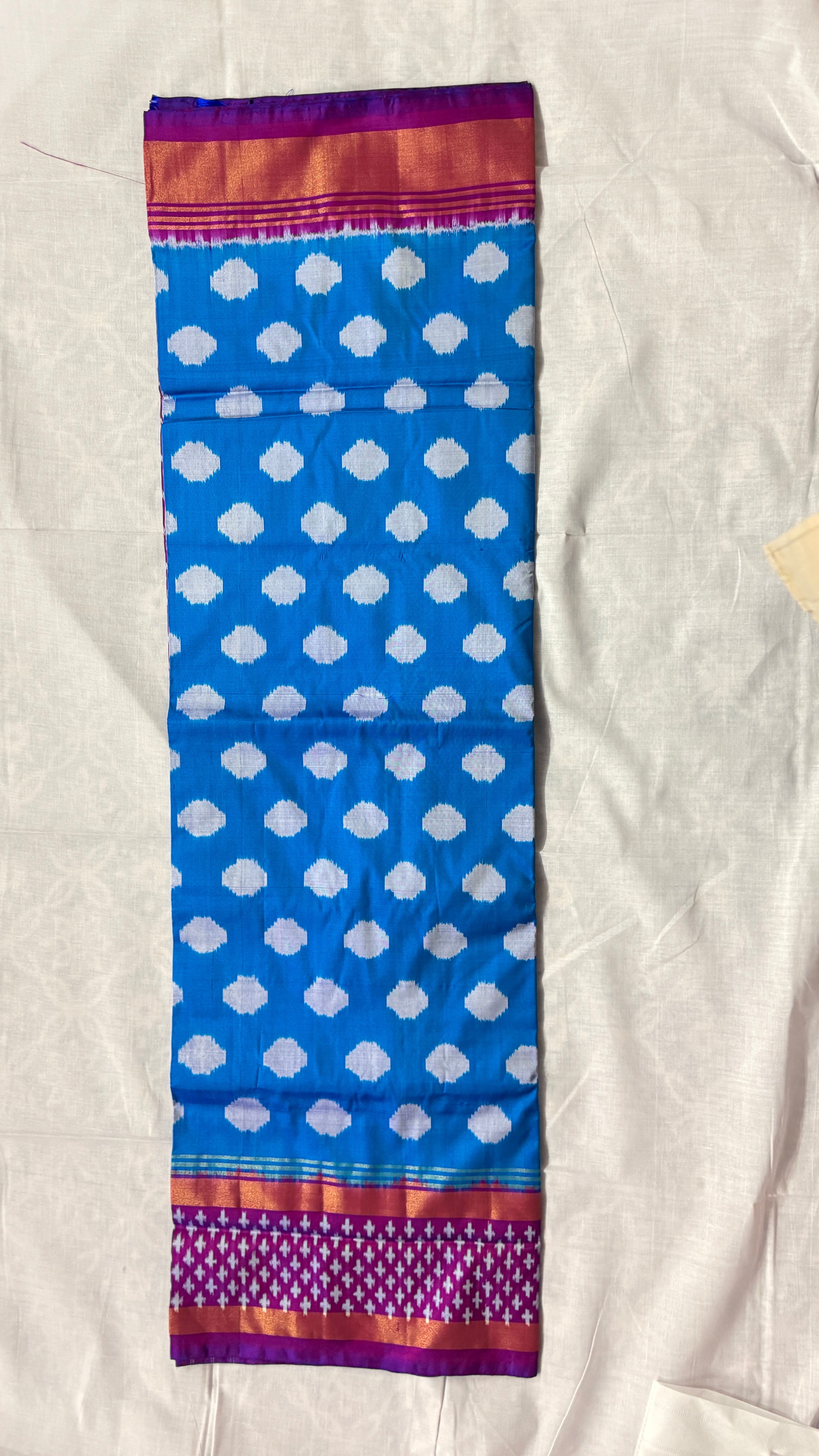 Blue & Pink Pochampally Ikat Pure Silk Saree with Diamond Ikat Pallu & Copper Zari Border THS-4