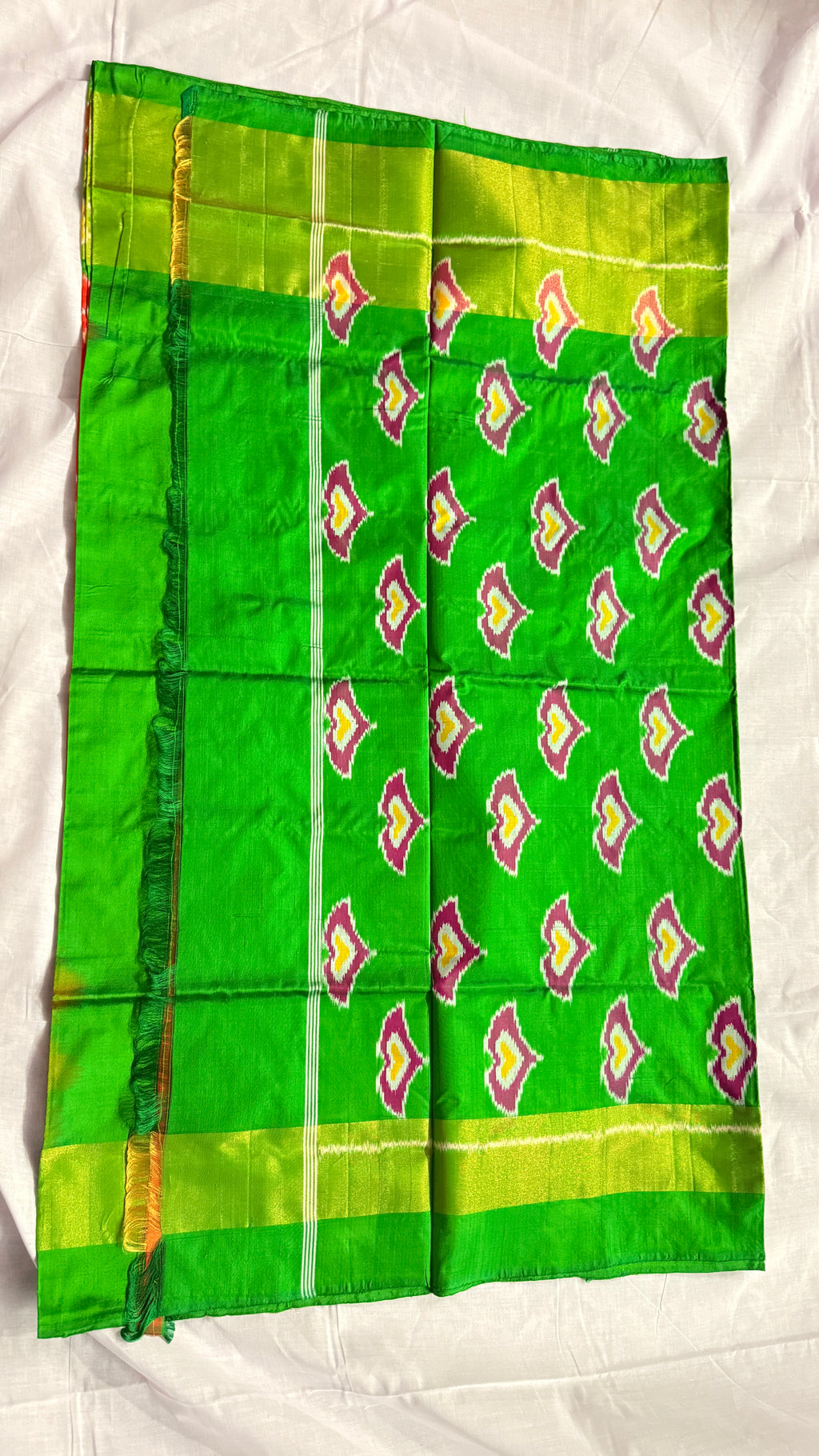Pochampally Ikat Pure Silk Saree – Green & Red | Handwoven Double Ikat Motifs | THs-10
