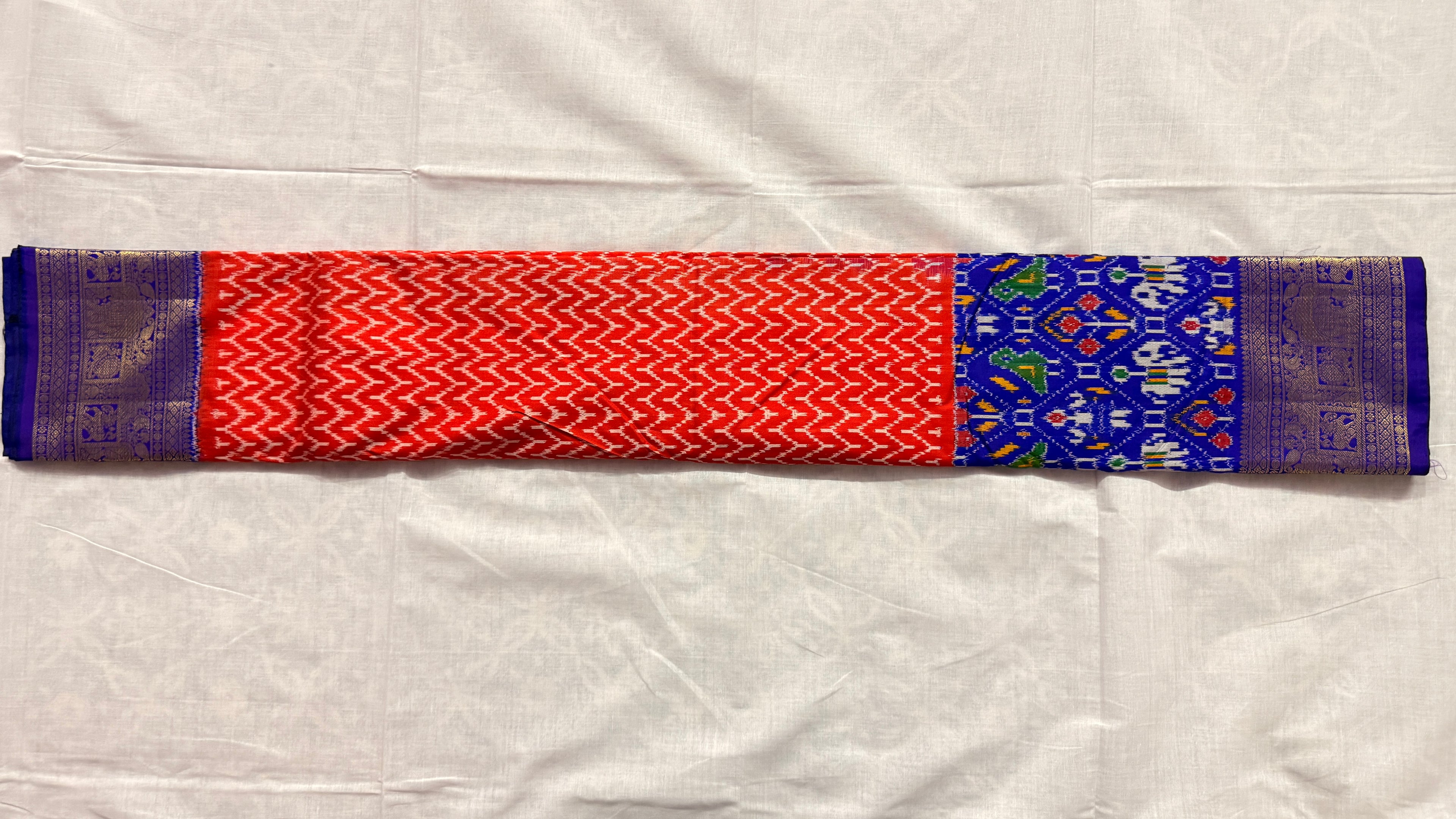 Pochampally Ikat Silk Saree – Red Zig-Zag Body with Royal Blue Kanchi Border & Gold Zari Weave THS-9