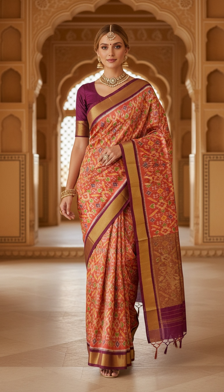 Magenta & Orange Pochampally Ikat Pure Silk Saree with Zari Border – Handloom & Silk Mark Certified ths-15