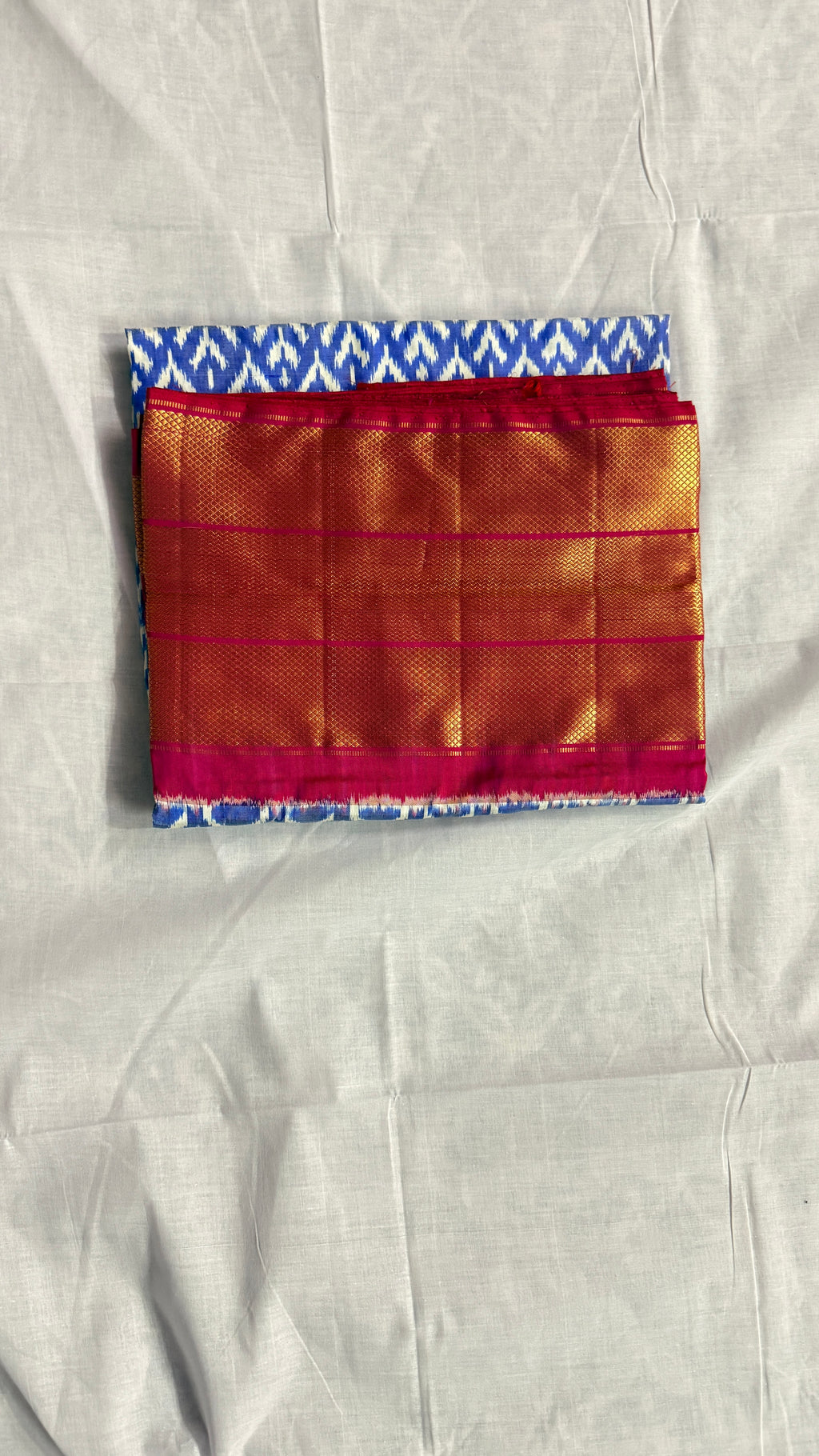 Pochampally Ikat Pure Silk Saree – Blue & Red | Handwoven Ikat Body With Rich Gold Zari Border ths-21