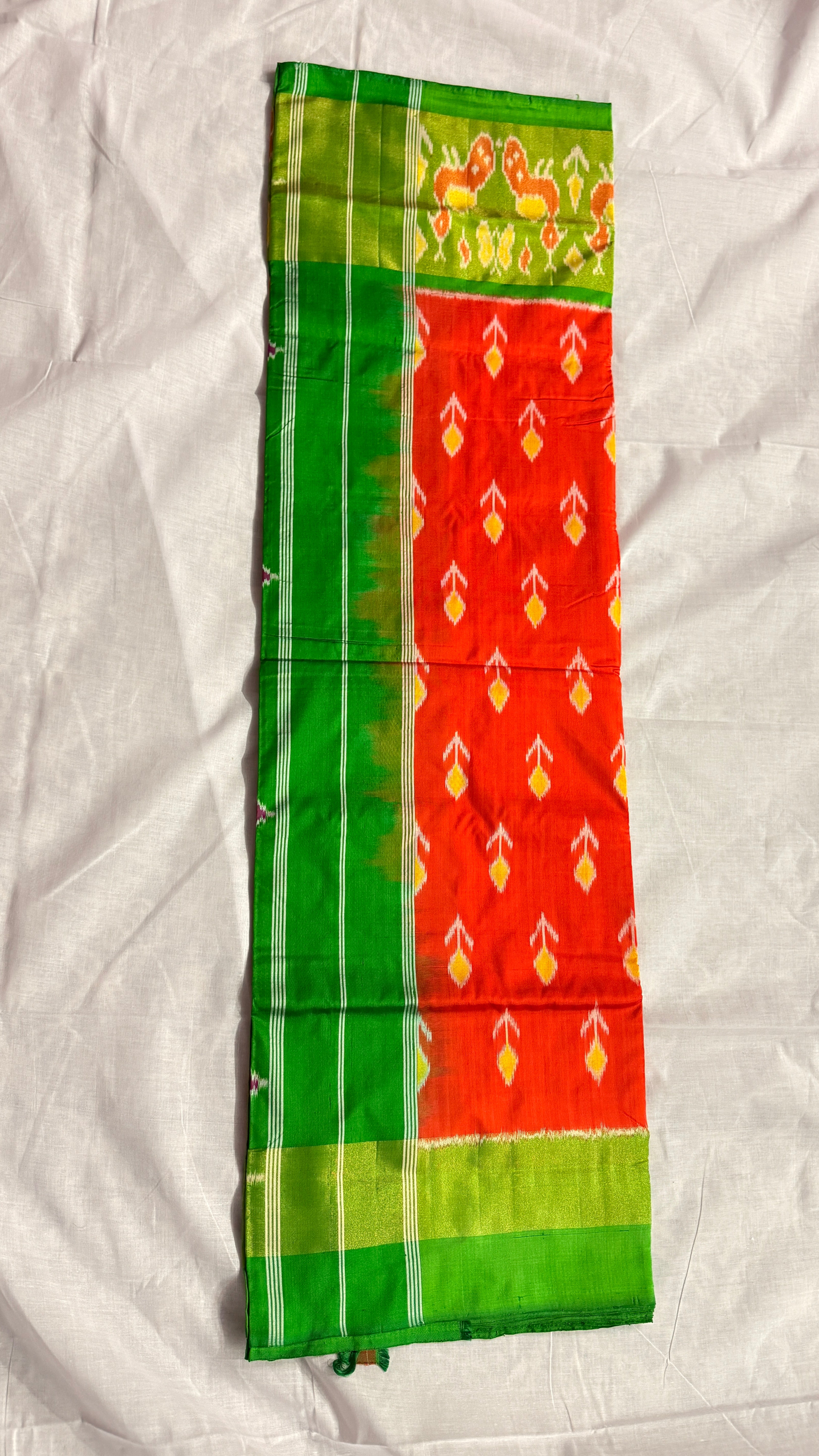Pochampally Ikat Pure Silk Saree – Green & Red | Handwoven Double Ikat Motifs | THs-10