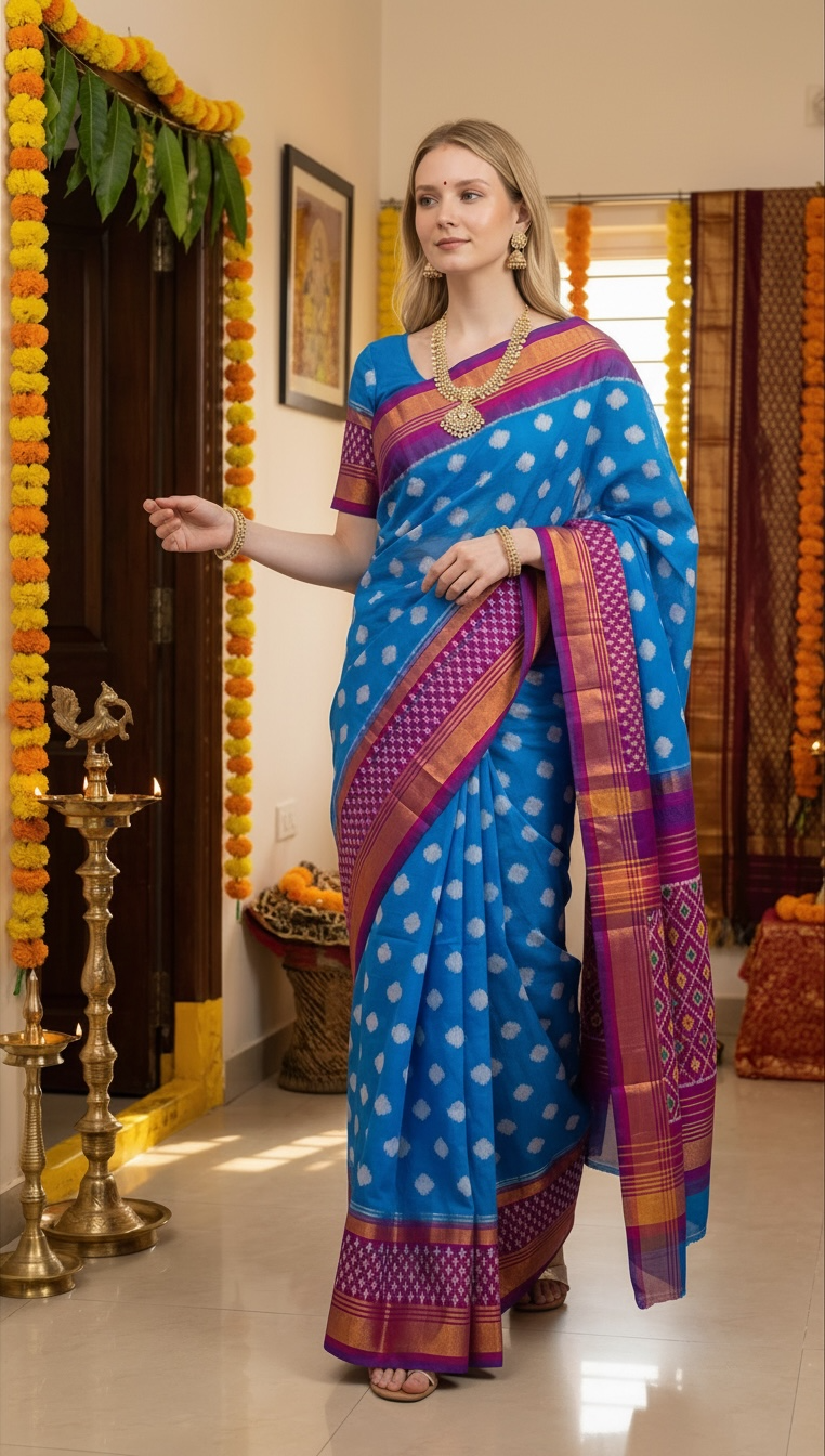 Blue & Pink Pochampally Ikat Pure Silk Saree with Diamond Ikat Pallu & Copper Zari Border THS-4