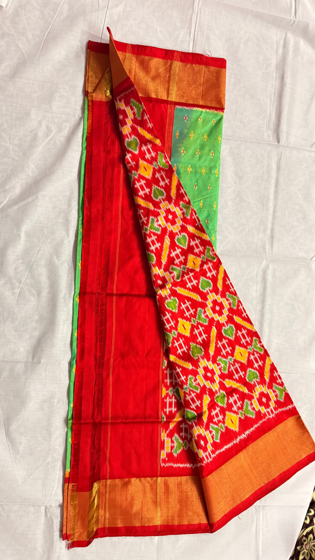 Pochampally Ikat Pure Silk Saree in Green with Red Ikat Pallu & Kuttu Copper Zari Border THS-7