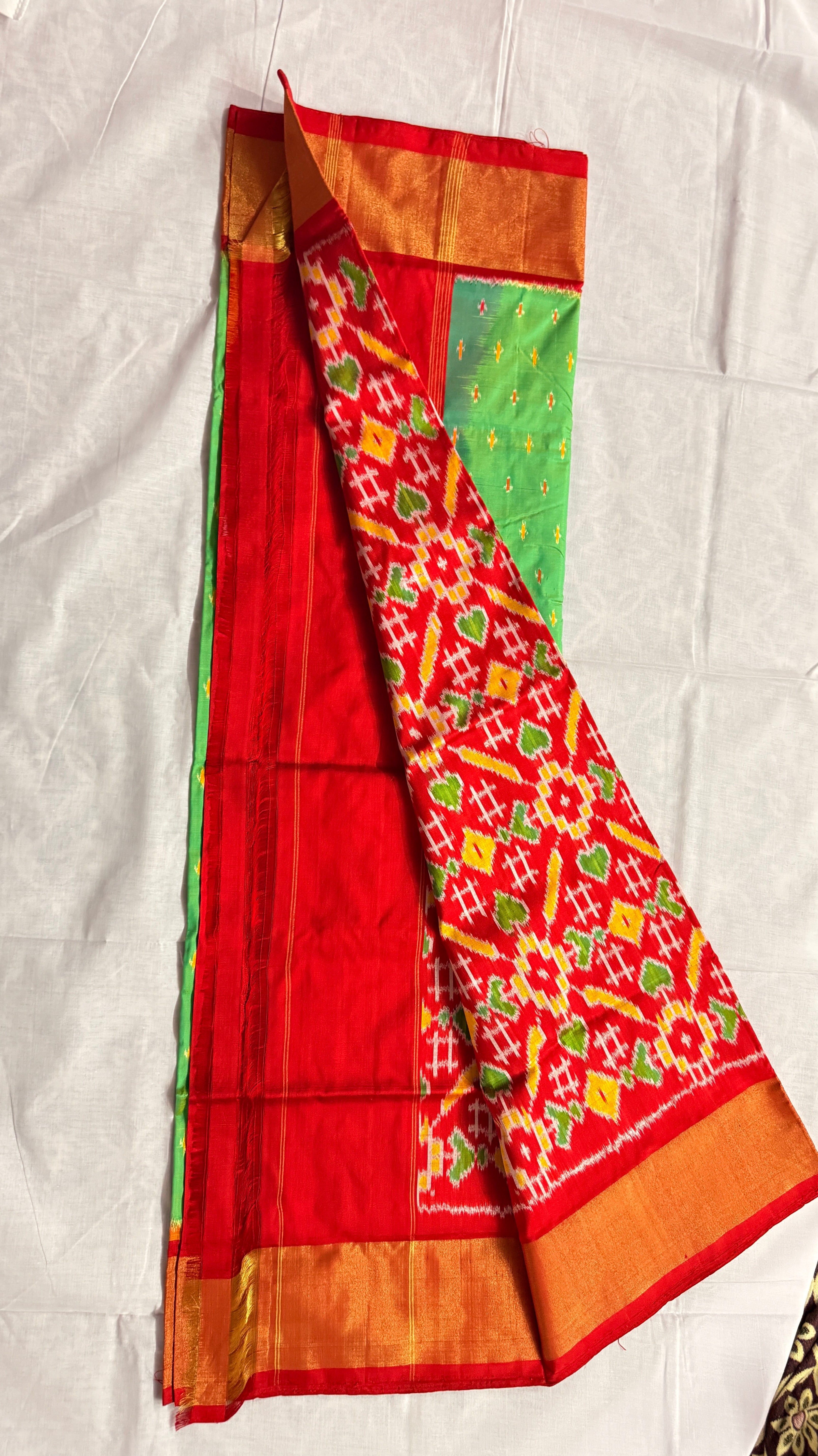 Pochampally Ikat Pure Silk Saree in Green with Red Ikat Pallu & Kuttu Copper Zari Border THS-7