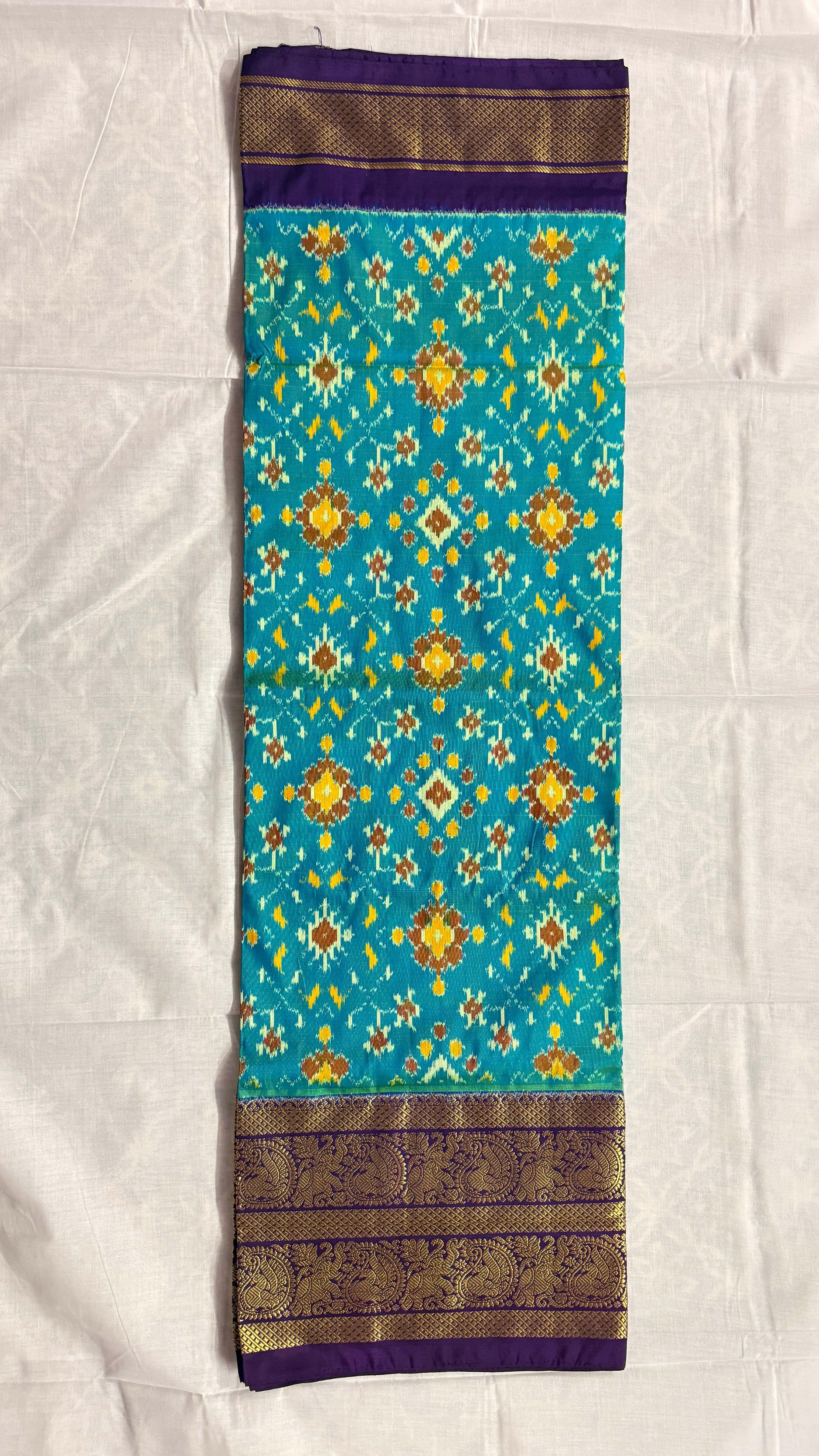 Pochampally Ikat Pure Silk Saree – Teal Blue Body with Purple Rich Zari Border | Handloom | Silk Mark Certified THS -12