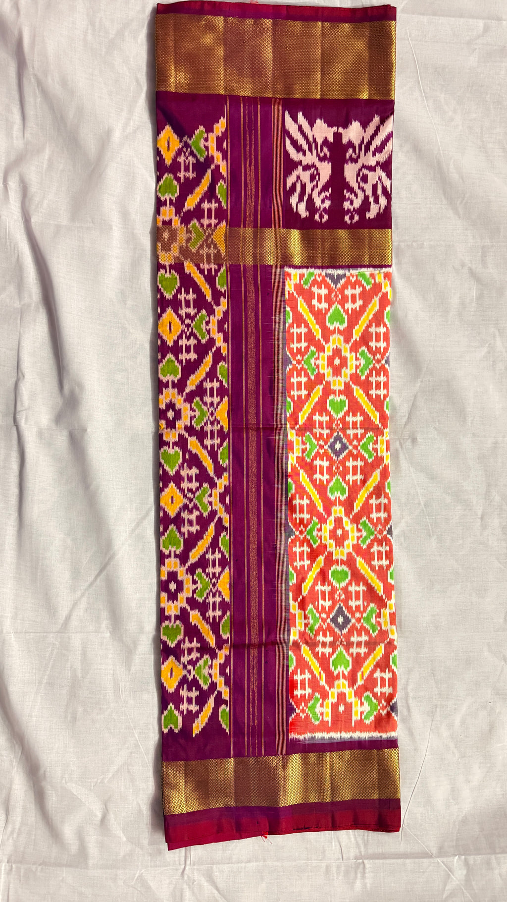 Magenta & Orange Pochampally Ikat Pure Silk Saree with Zari Border – Handloom & Silk Mark Certified ths-15