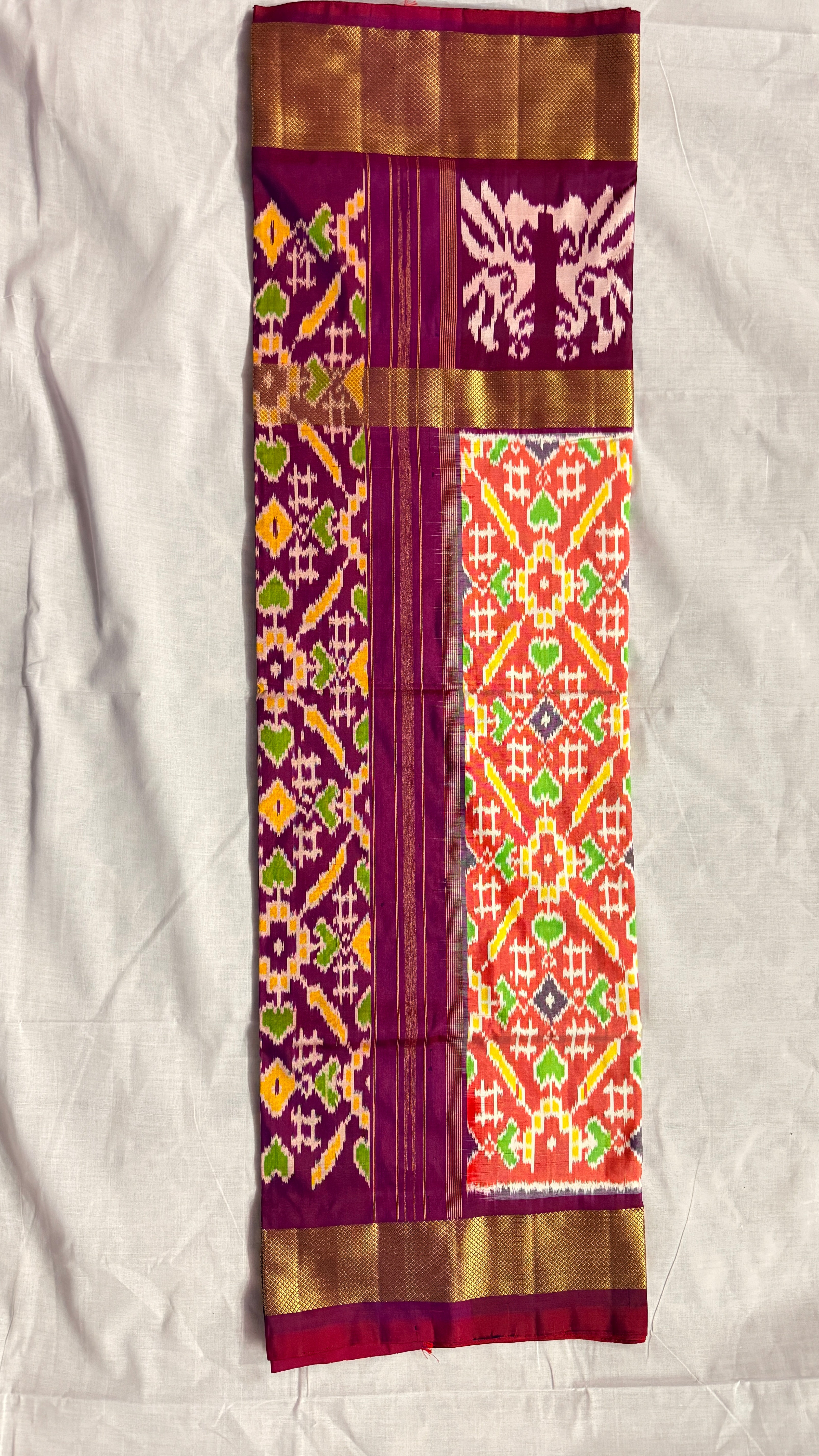 Magenta & Orange Pochampally Ikat Pure Silk Saree with Zari Border – Handloom & Silk Mark Certified ths-15