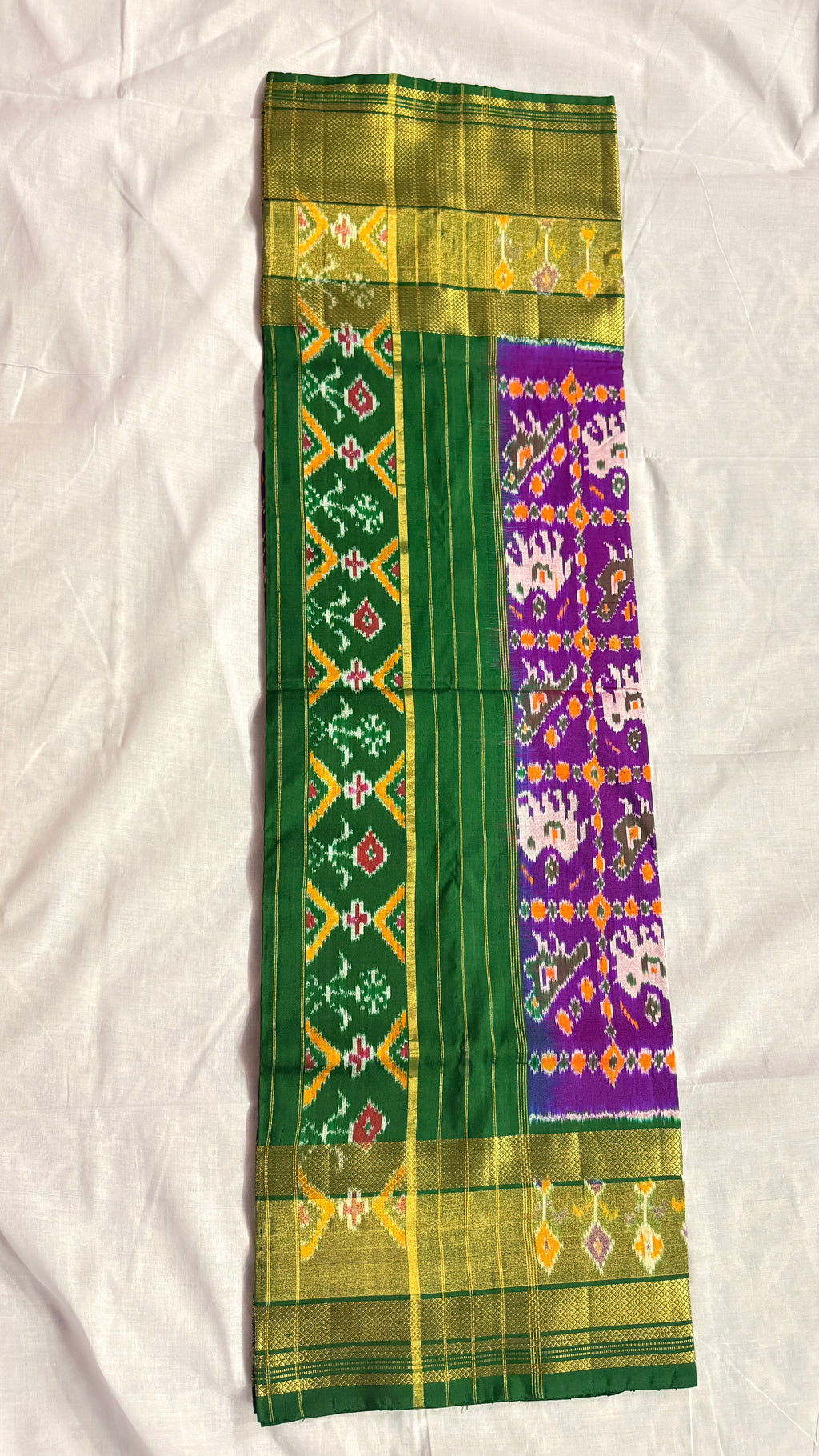 Pochampally Ikat Pure Silk Saree – Green & Purple | Handwoven Elephant Motif Pallu | Rich Gold Zari Border