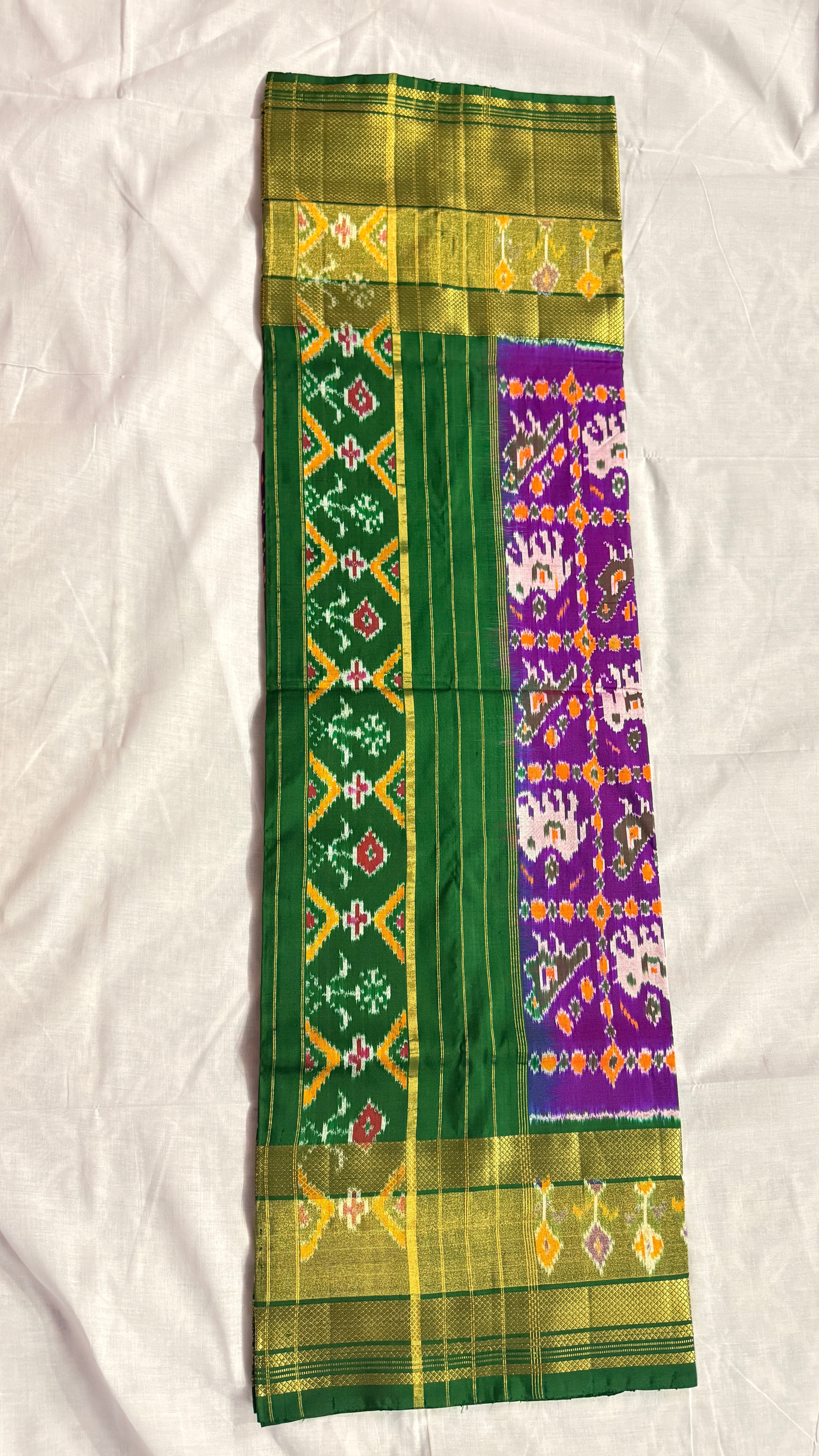 Pochampally Ikat Pure Silk Saree – Green & Purple | Handwoven Elephant Motif Pallu | Rich Gold Zari Border