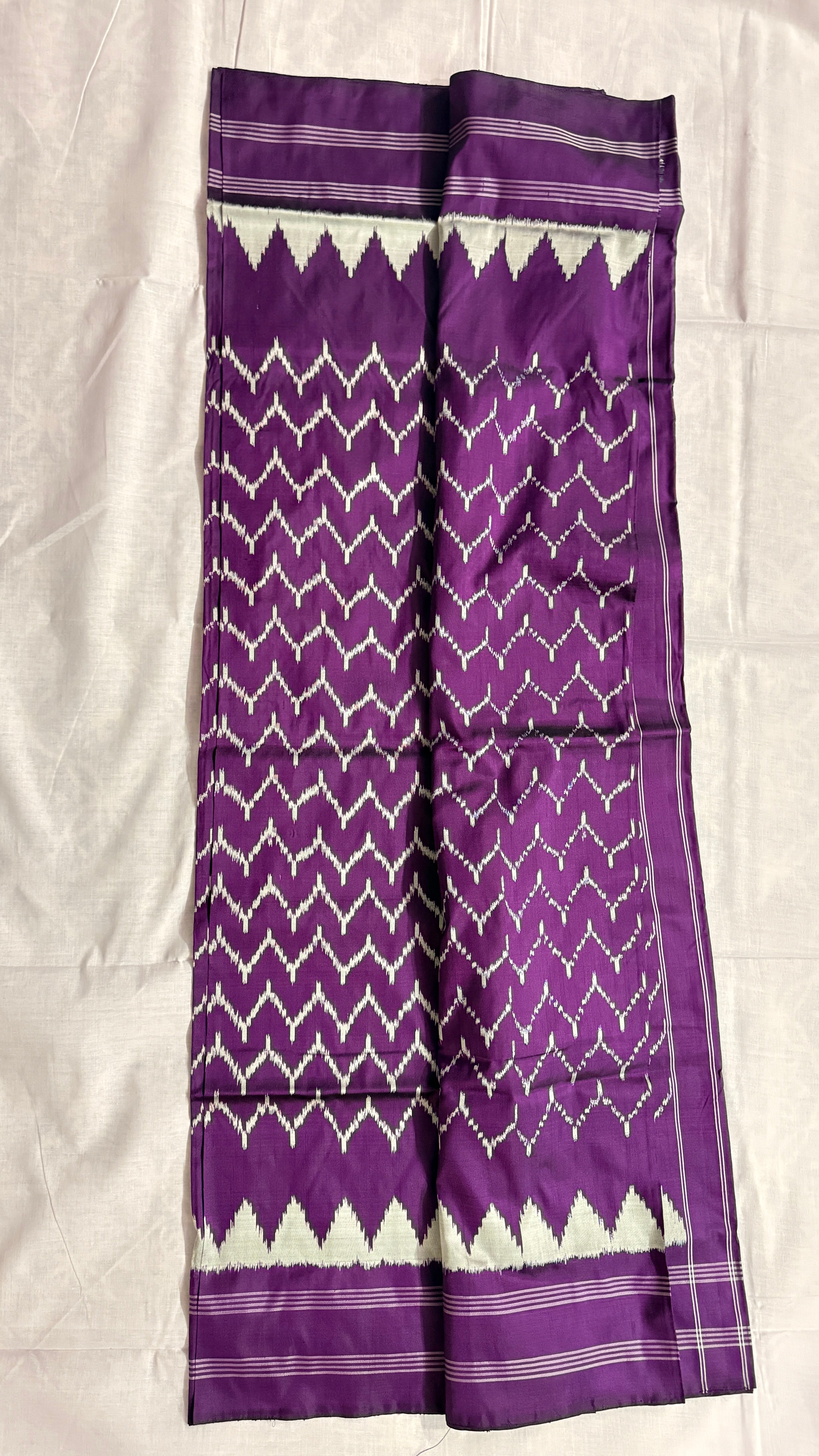 Purple Pochampally Ikat Pure Silk Saree with White Zig-Zag Motifs & Minimal Border THS-6