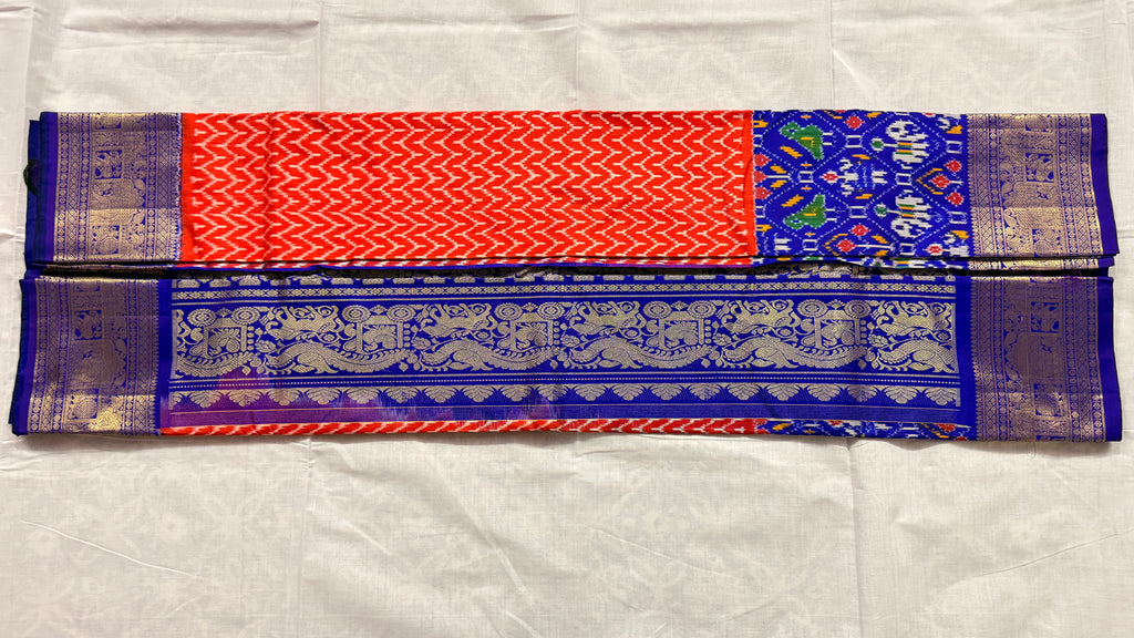 Pochampally Ikat Silk Saree – Red Zig-Zag Body with Royal Blue Kanchi Border & Gold Zari Weave THS-9