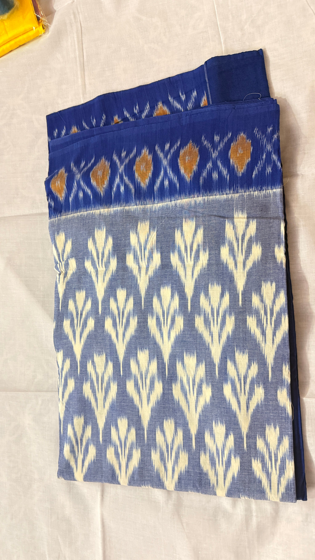 Grey & Royal Blue Pochampally Ikat Pure Cotton Saree with Cream Floral Body & Traditional Ikat Pallu THC-2