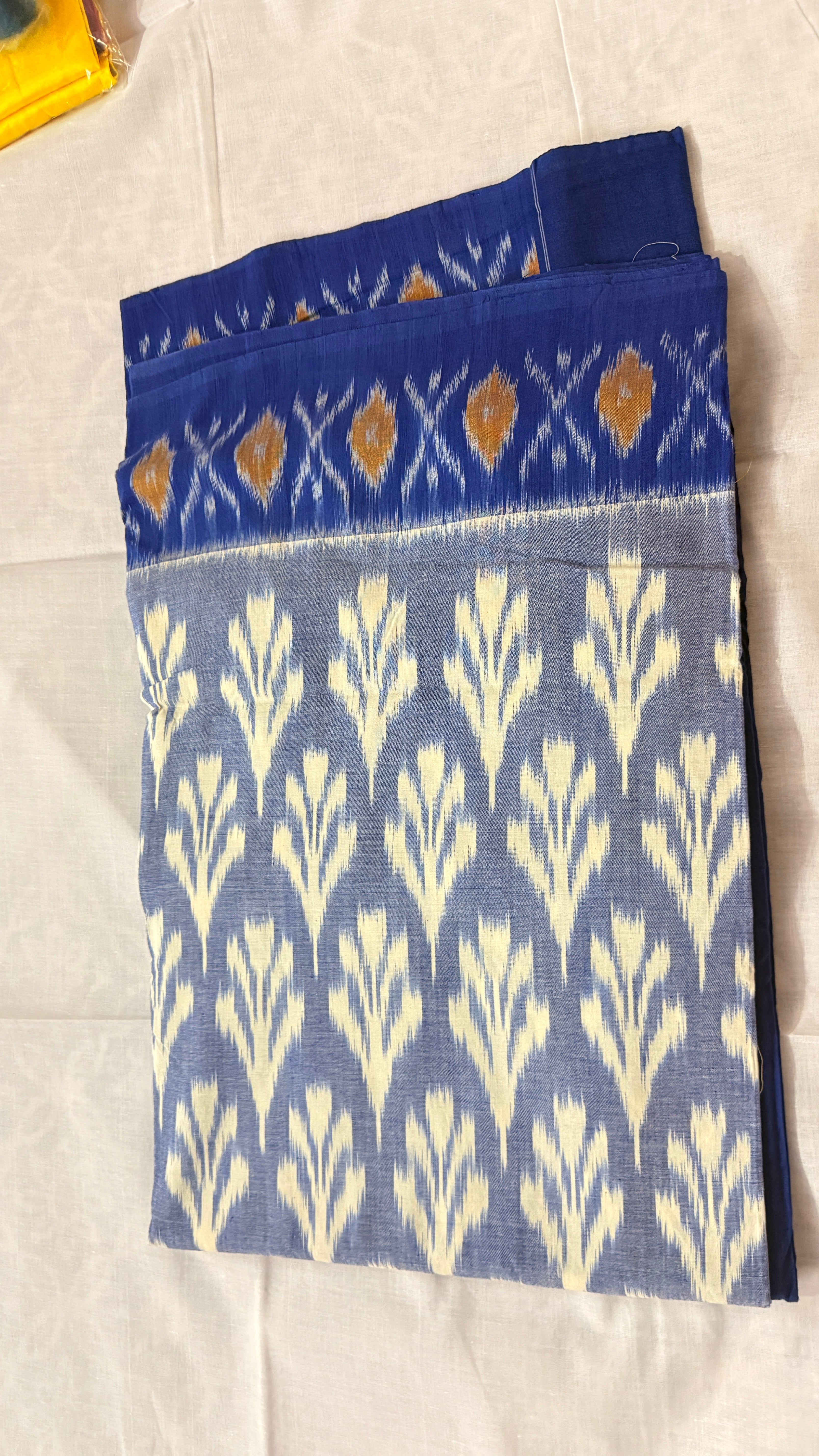 Grey & Royal Blue Pochampally Ikat Pure Cotton Saree with Cream Floral Body & Traditional Ikat Pallu THC-2