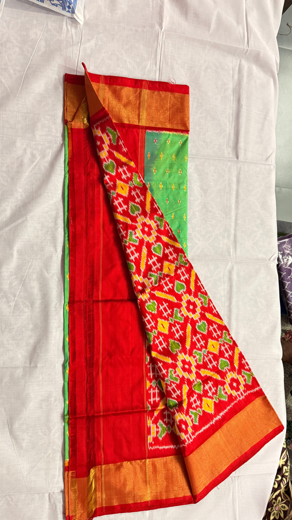 Pochampally Ikat Pure Silk Saree in Green with Red Ikat Pallu & Kuttu Copper Zari Border THS-7