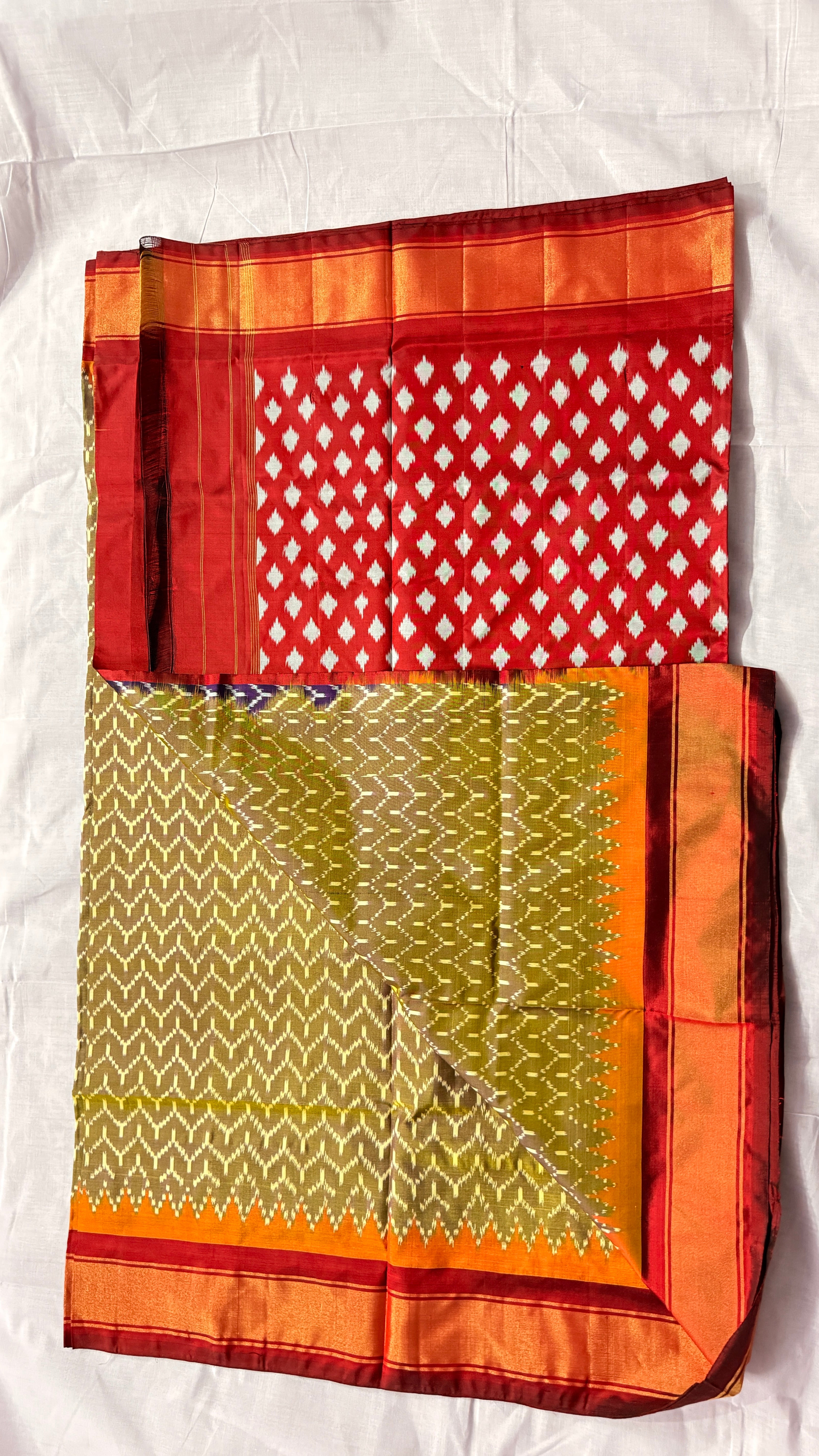 Handwoven Olive Green Ikat Silk Saree with Red–Orange Kaddi Border & Silk Mark Certified ths-18