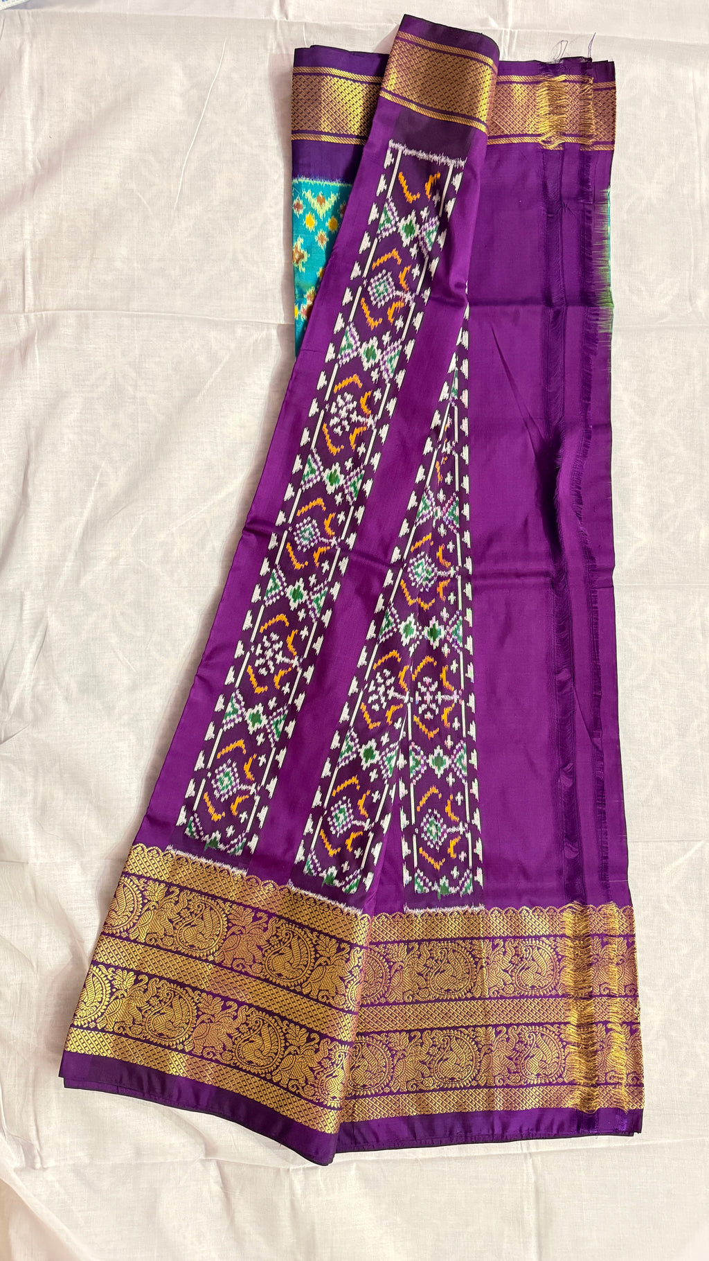 Pochampally Ikat Pure Silk Saree – Teal Blue Body with Purple Rich Zari Border | Handloom | Silk Mark Certified THS -12