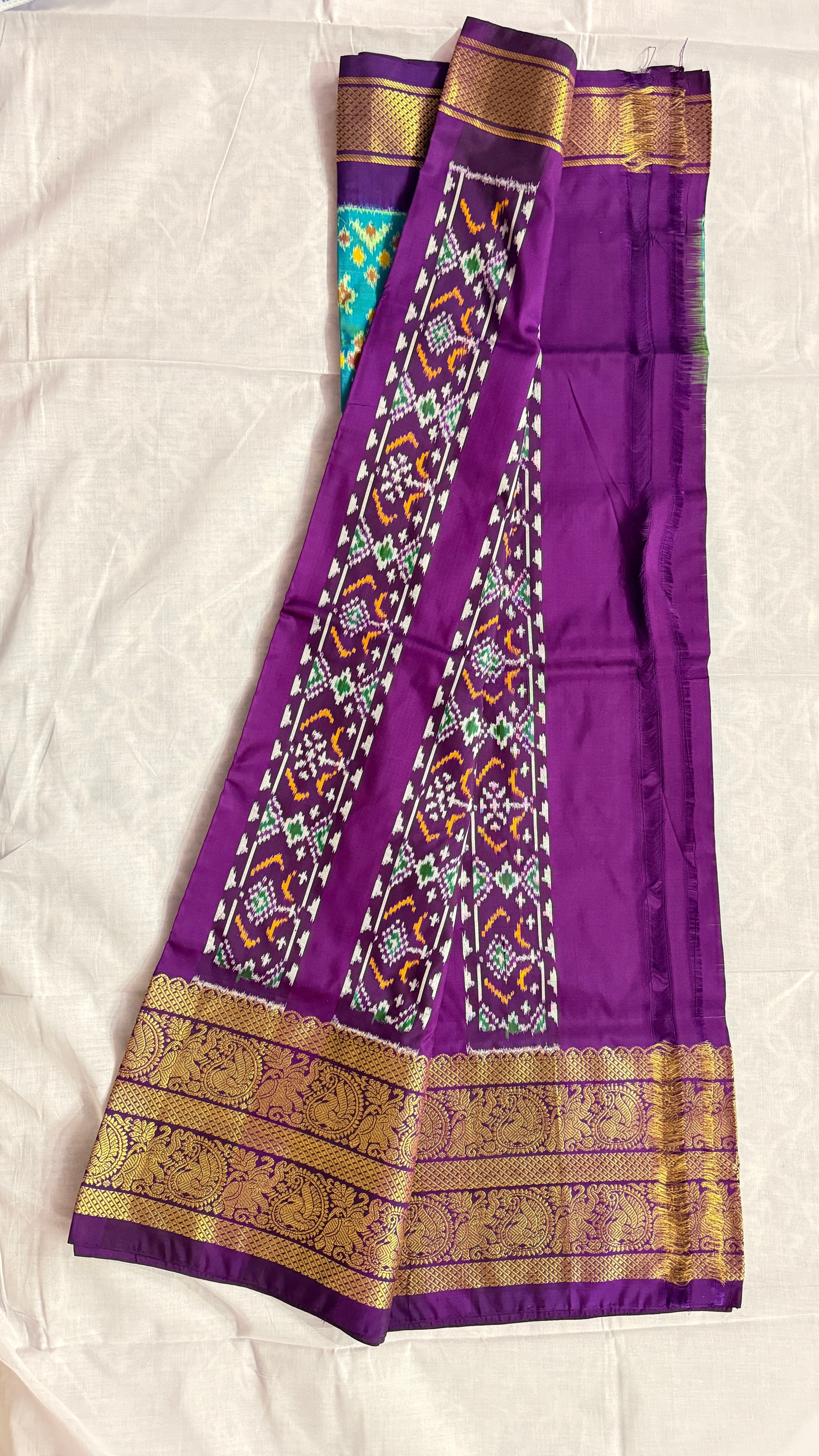 Pochampally Ikat Pure Silk Saree – Teal Blue Body with Purple Rich Zari Border | Handloom | Silk Mark Certified THS -12