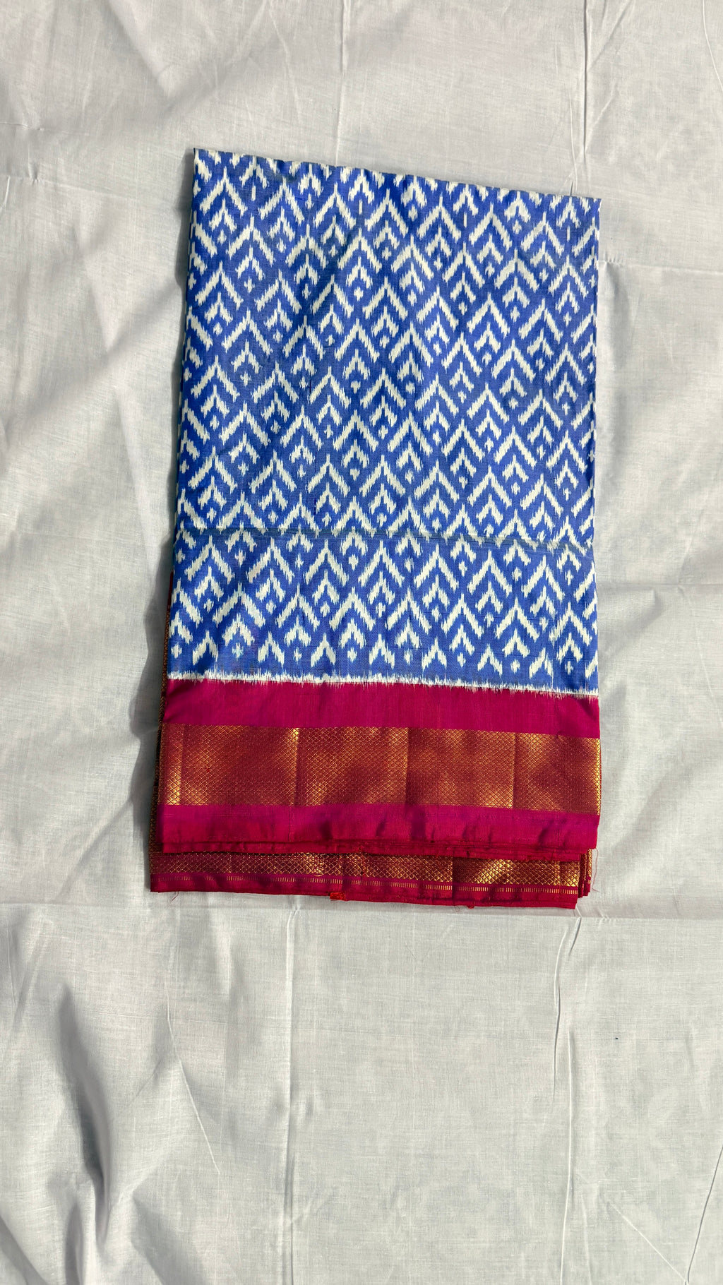 Pochampally Ikat Pure Silk Saree – Blue & Red | Handwoven Ikat Body With Rich Gold Zari Border ths-21