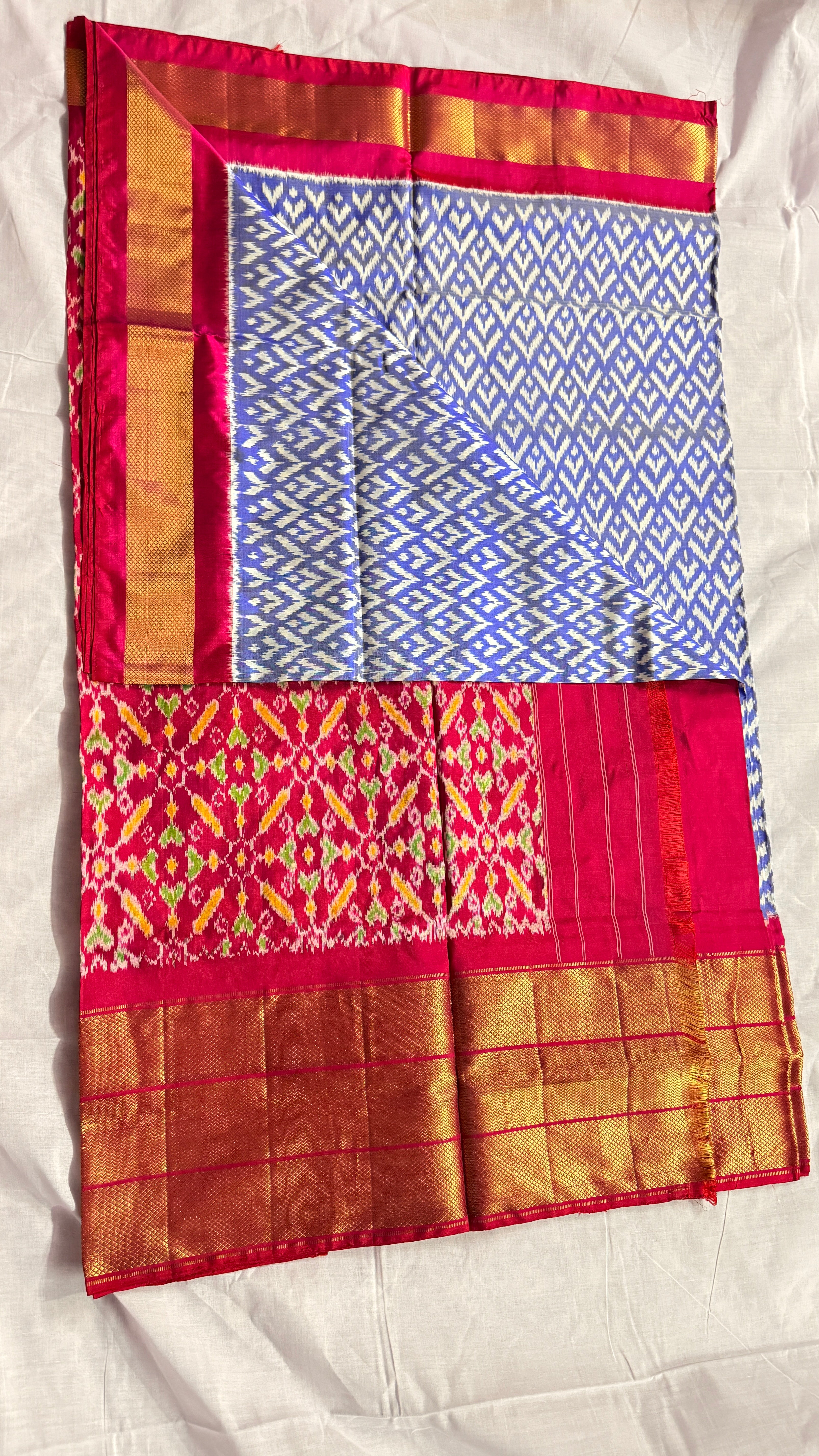 Pochampally Ikat Pure Silk Saree – Blue & Red | Handwoven Ikat Body With Rich Gold Zari Border ths-21
