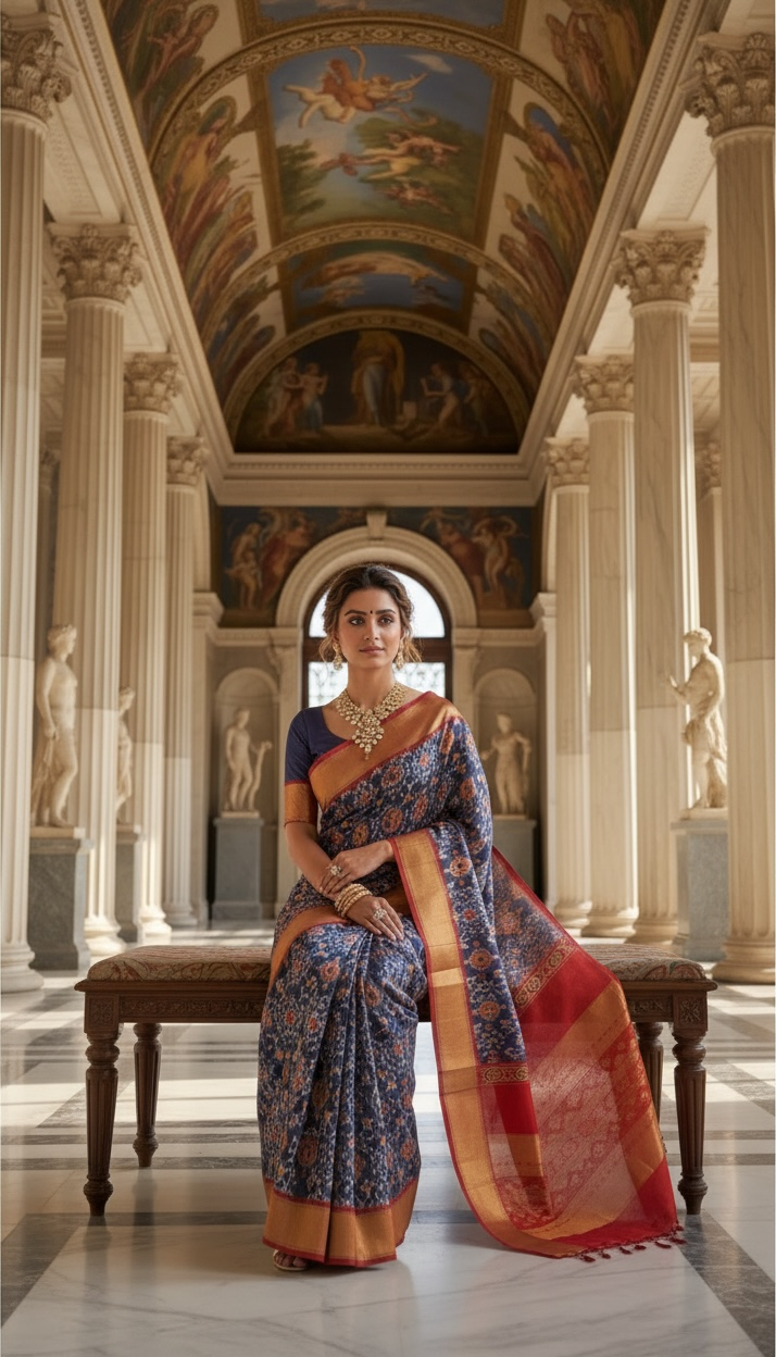 Handloom Pochampally Ikat Silk Saree – Red & Navy Blue Body with Orange Border | Pure Silk | Silk Mark Certified THS-11