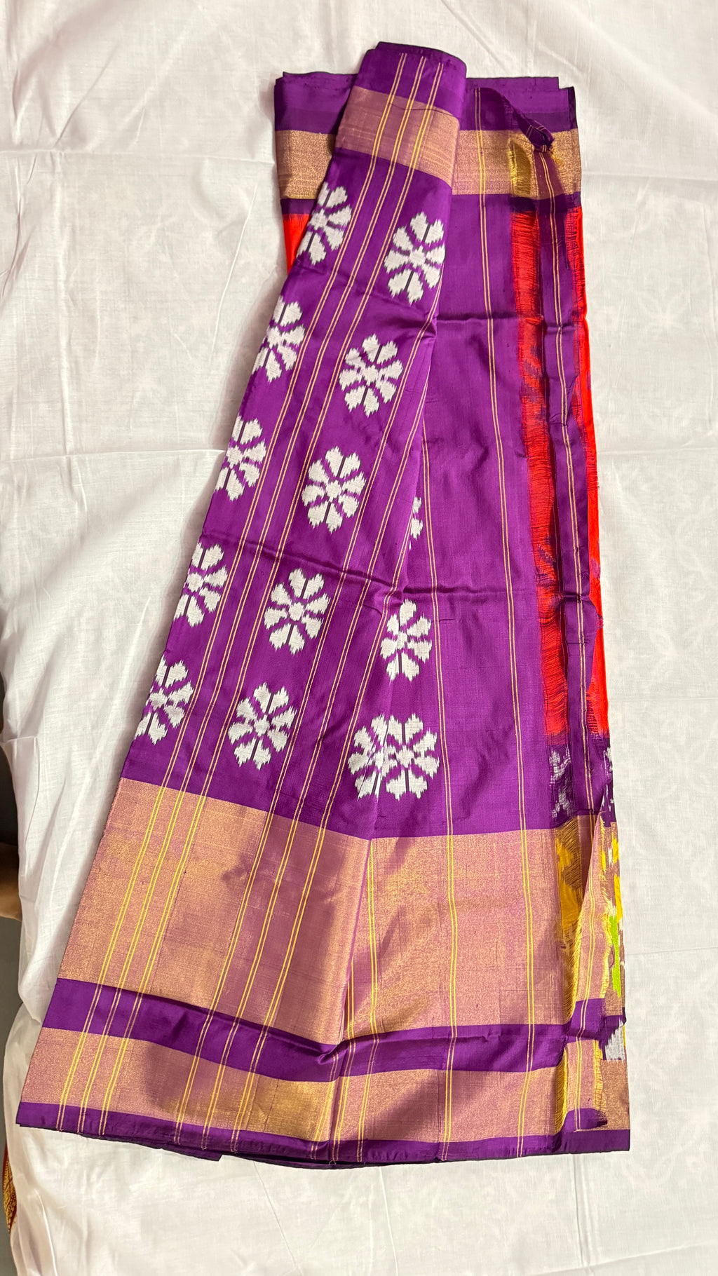 Pochampally Ikat Pure Silk Saree – Red & Purple with Peacock and Floral Motifs ths-22