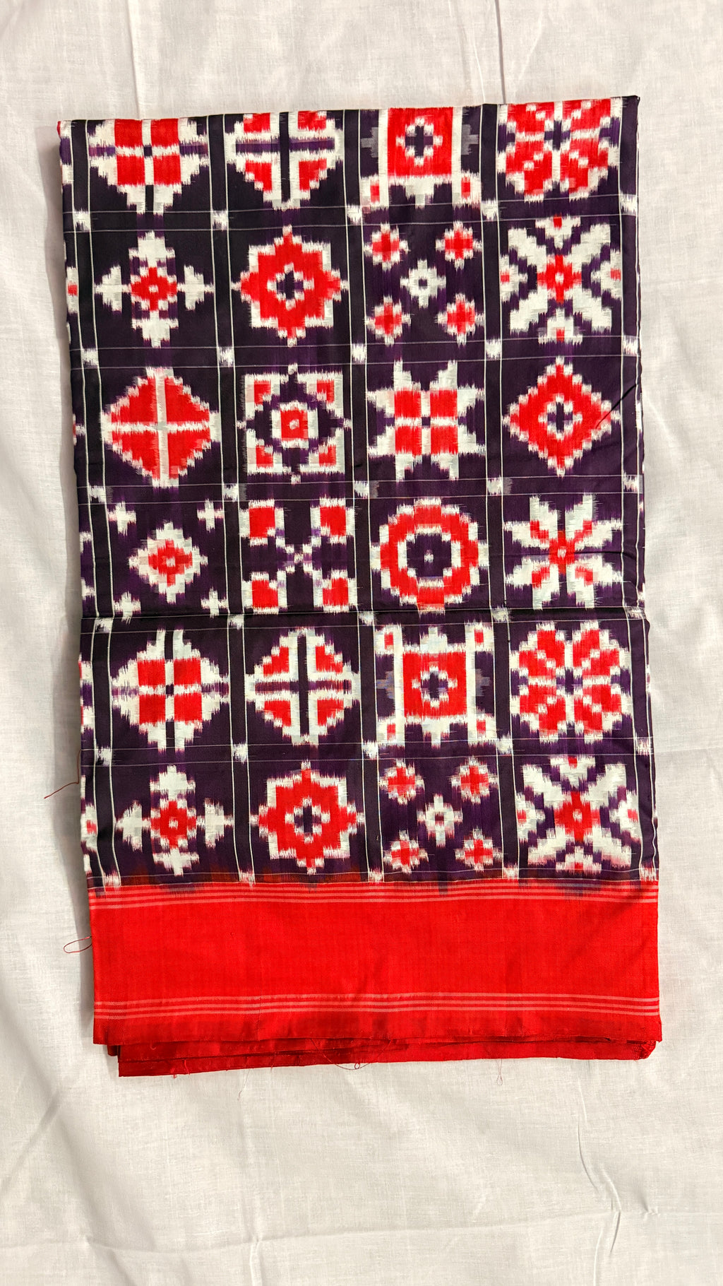 Red & Purple Double Ikat Pochampally Pure Silk Saree – Geometric Tile Design | Handloom & Silk Mark Certified ths-16