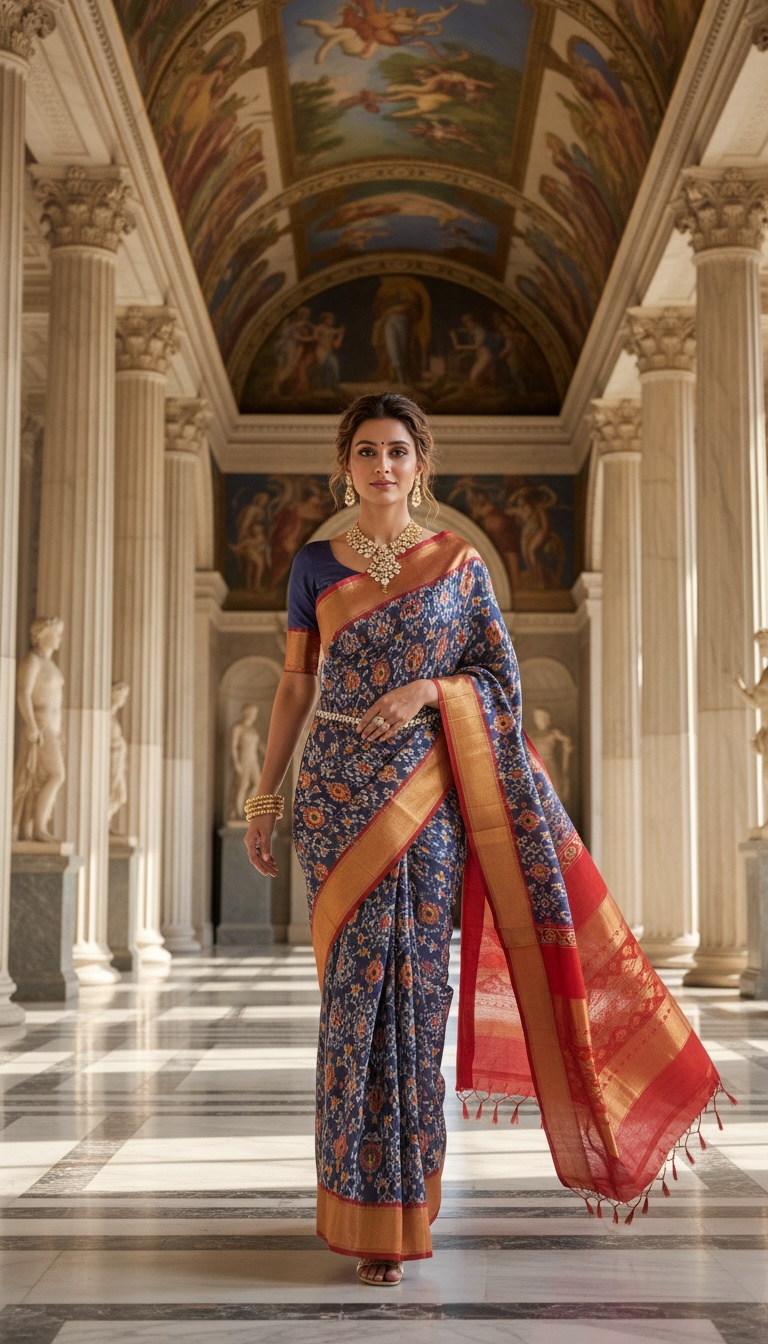 Handloom Pochampally Ikat Silk Saree – Red & Navy Blue Body with Orange Border | Pure Silk | Silk Mark Certified THS-11