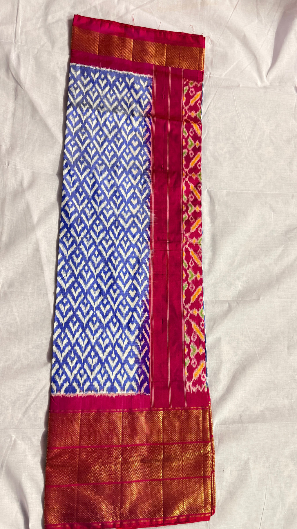 Pochampally Ikat Pure Silk Saree – Blue & Red | Handwoven Ikat Body With Rich Gold Zari Border ths-21
