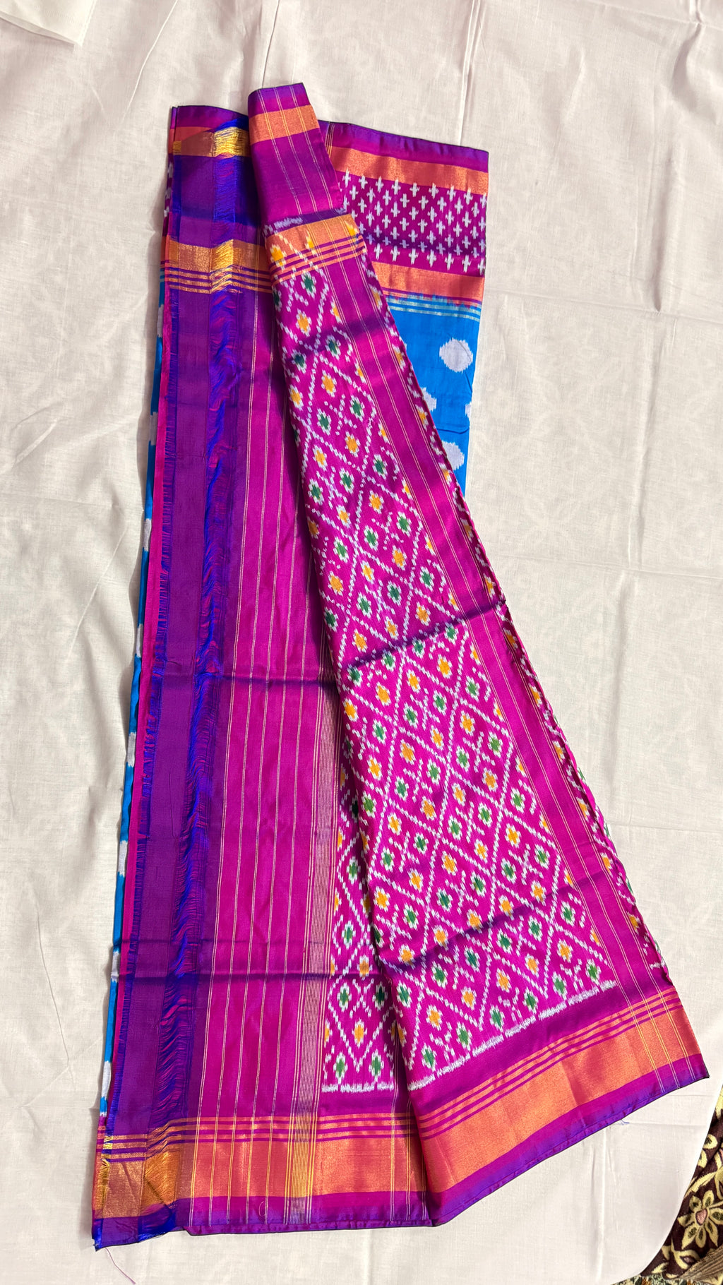 Blue & Pink Pochampally Ikat Pure Silk Saree with Diamond Ikat Pallu & Copper Zari Border THS-4
