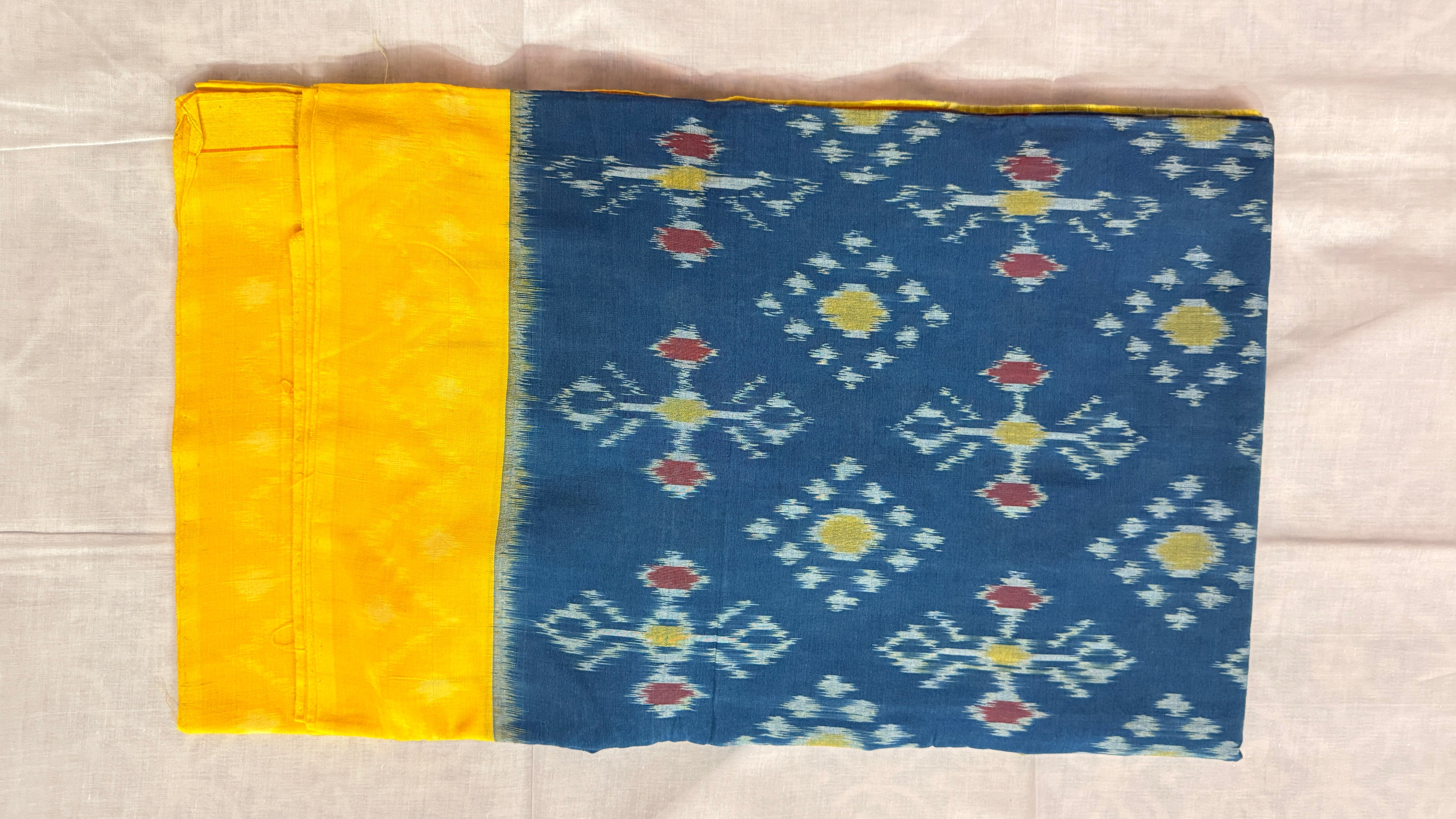 Pochampally Ikat Pure Cotton Saree – Blue Body with Yellow Contrast Border & Handwoven Ikat Motifs THC-1