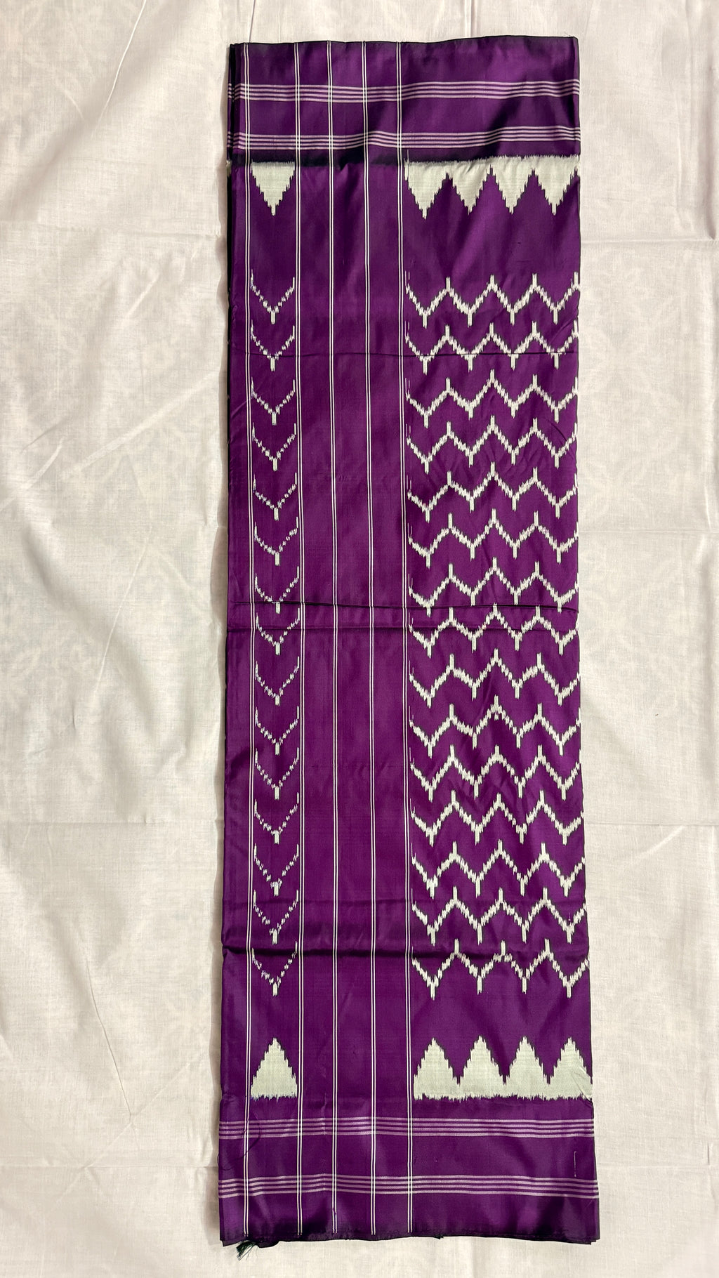 Purple Pochampally Ikat Pure Silk Saree with White Zig-Zag Motifs & Minimal Border THS-6