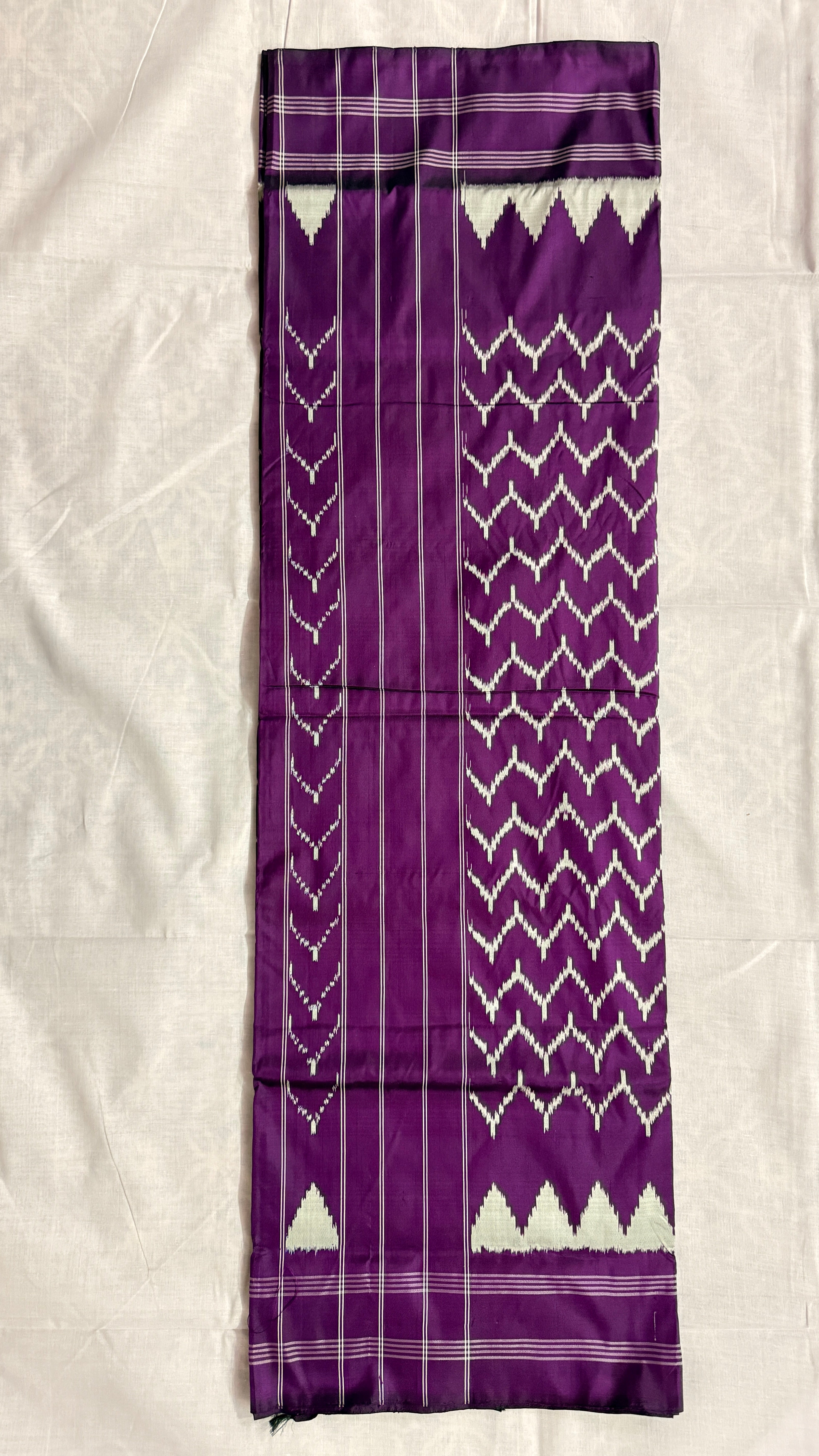 Purple Pochampally Ikat Pure Silk Saree with White Zig-Zag Motifs & Minimal Border THS-6