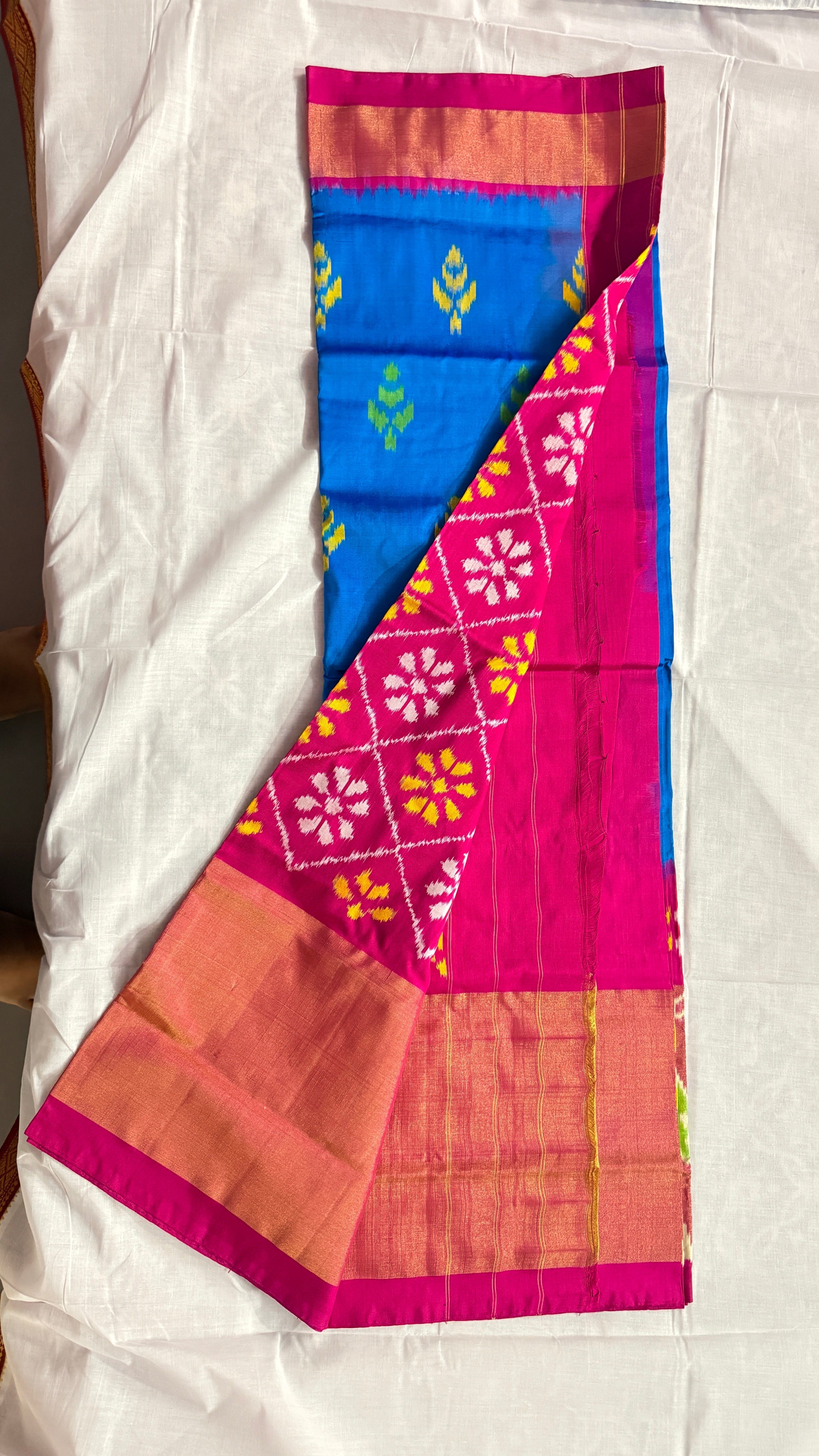 Blue Pochampally Ikat Pure Silk Saree with Pink Peacock Ikat Pallu & Copper Zari Border THS-3