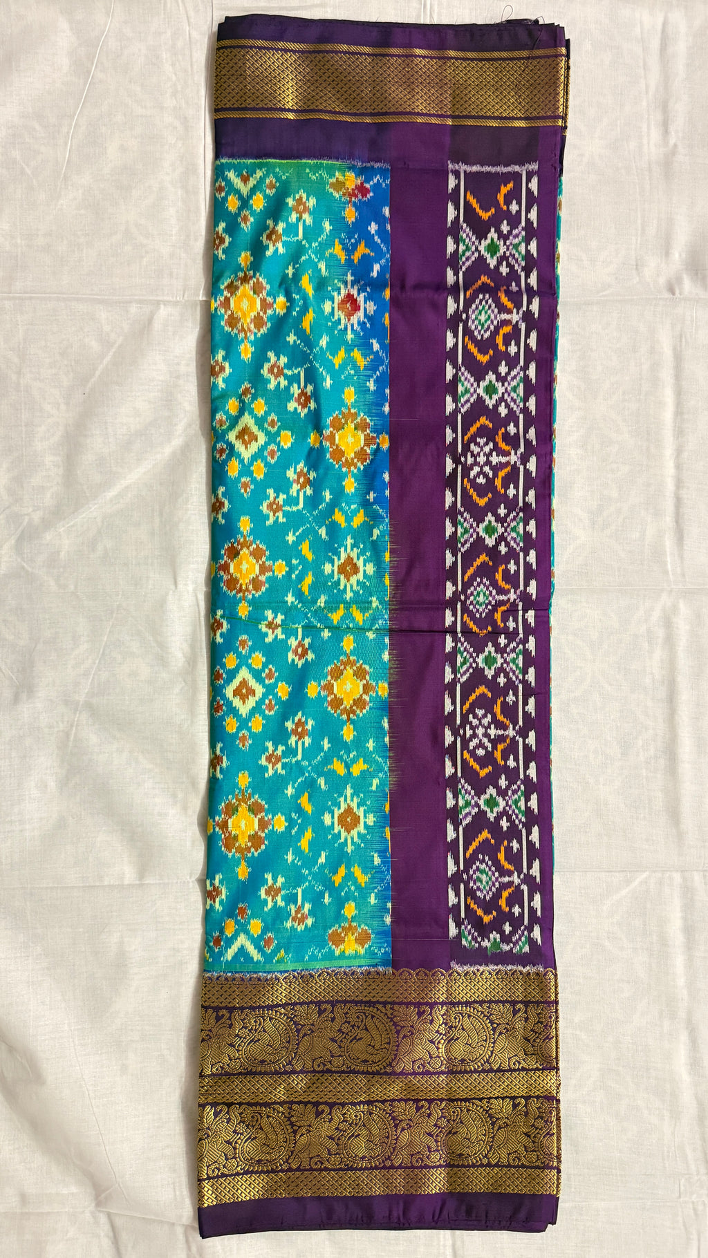 Pochampally Ikat Pure Silk Saree – Teal Blue Body with Purple Rich Zari Border | Handloom | Silk Mark Certified THS -12