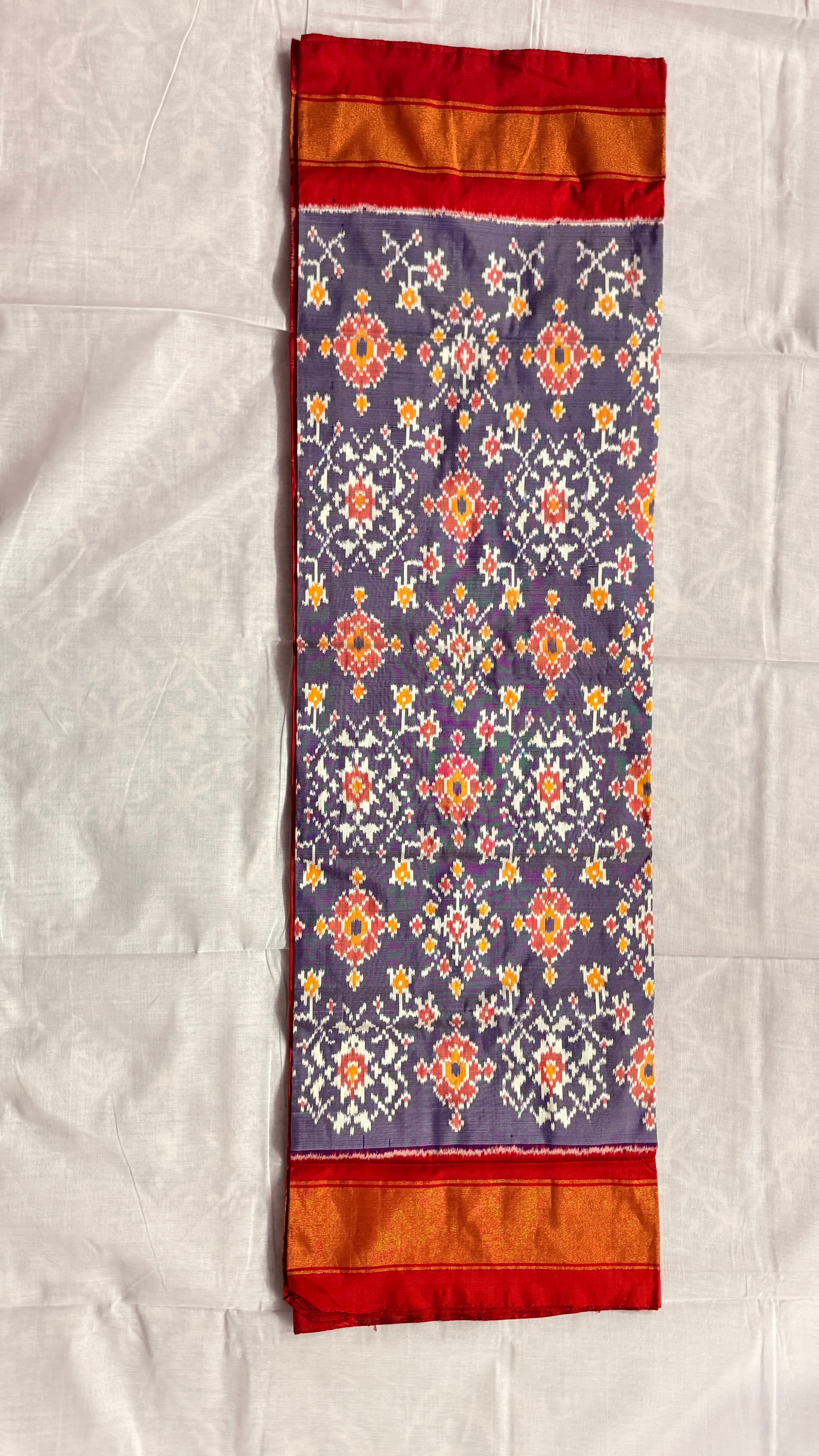 Handloom Pochampally Ikat Silk Saree – Red & Navy Blue Body with Orange Border | Pure Silk | Silk Mark Certified THS-11