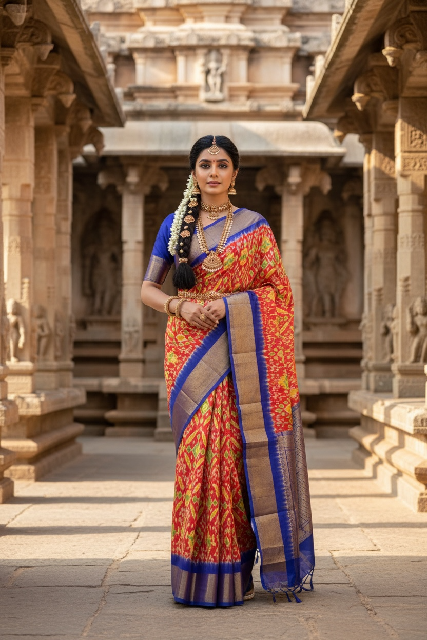 Royal Blue & Red Pochampally Ikat Pure Silk Saree with Golden Zari Border – Handloom | Silk Mark Certified ths-13