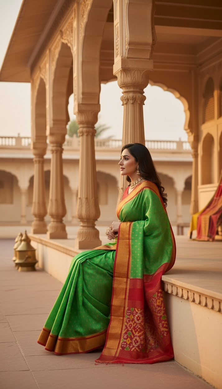 Pochampally Ikat Pure Silk Saree in Green with Red Ikat Pallu & Kuttu Copper Zari Border THS-7