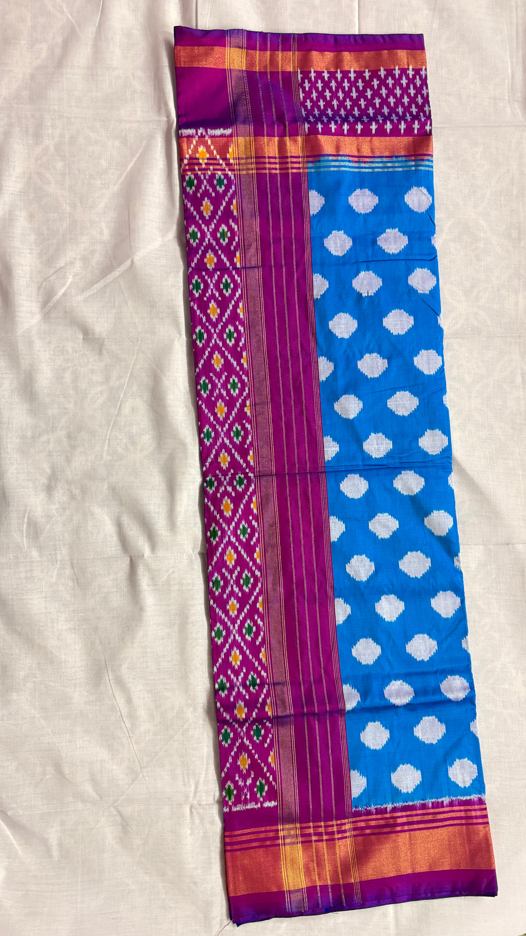 Blue & Pink Pochampally Ikat Pure Silk Saree with Diamond Ikat Pallu & Copper Zari Border THS-4