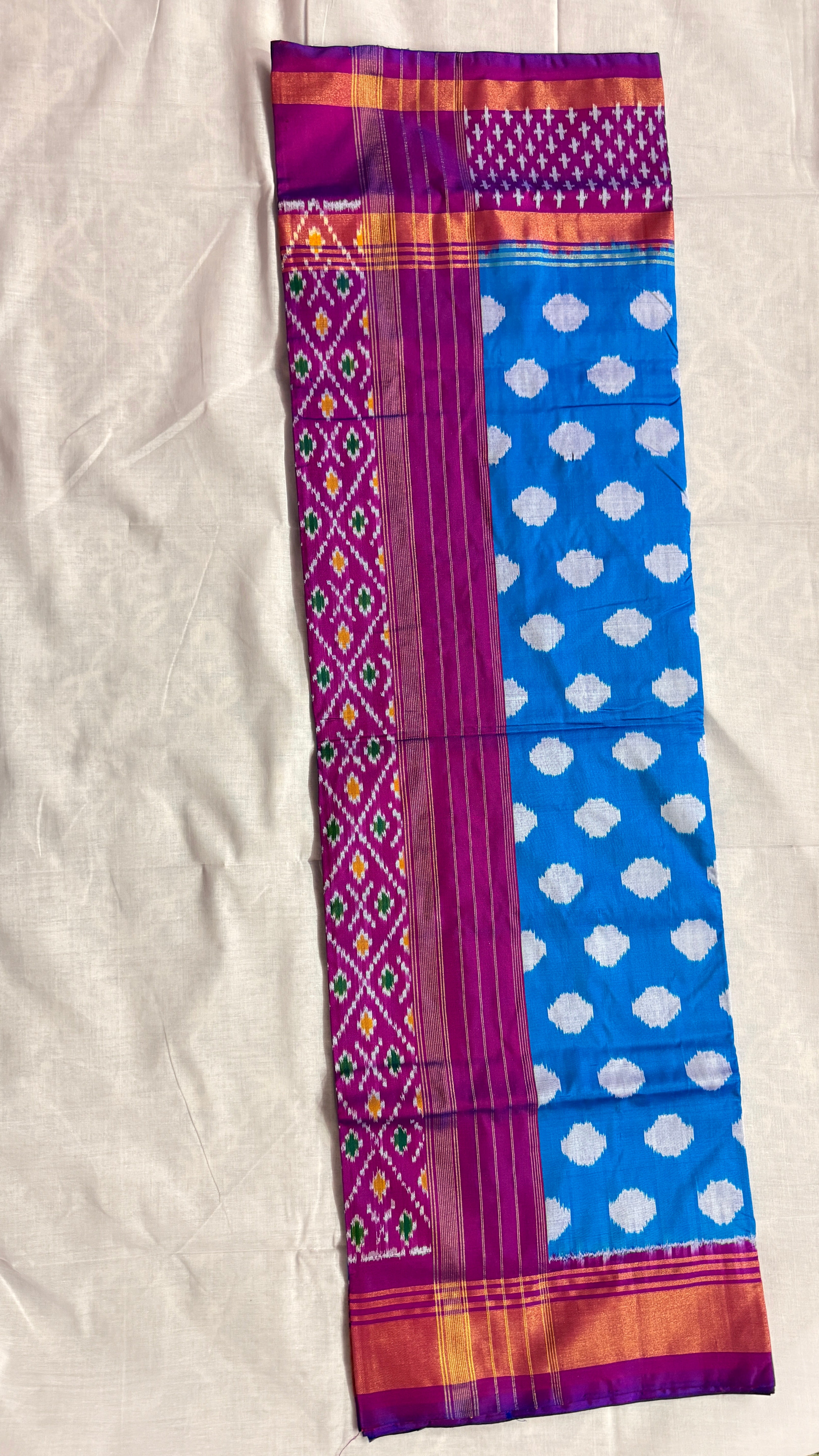 Blue & Pink Pochampally Ikat Pure Silk Saree with Diamond Ikat Pallu & Copper Zari Border THS-4